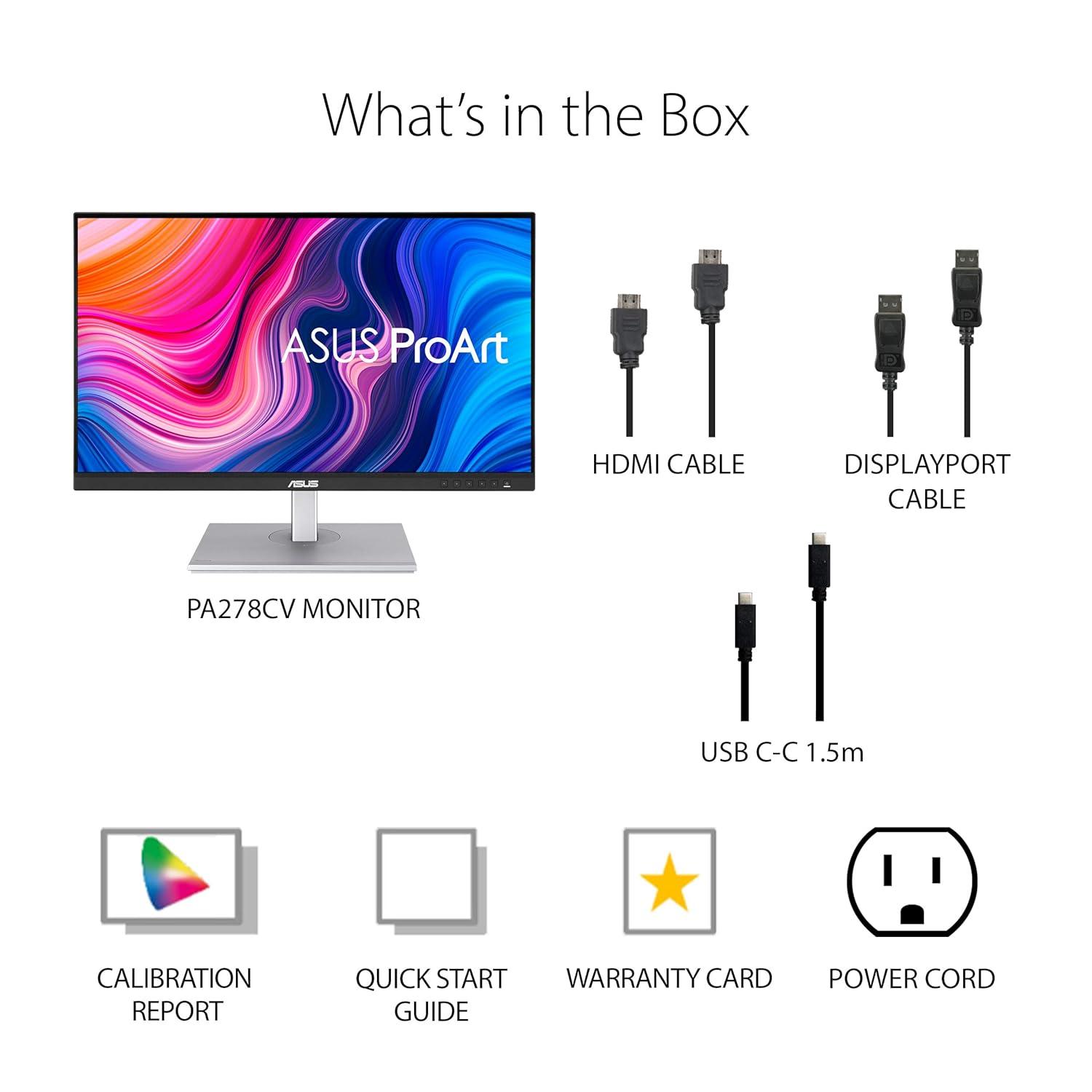 ASUS ProArt PA278CV Professional Monitor – 27", IPS, QHD (2560 x 1440), 100% sRGB, 100% Rec. 709, Color Accuracy ΔE < 2, Calman Verified, USB-C, DisplayPort Daisy-chaining, ProArt Preset,  Ergo Stand