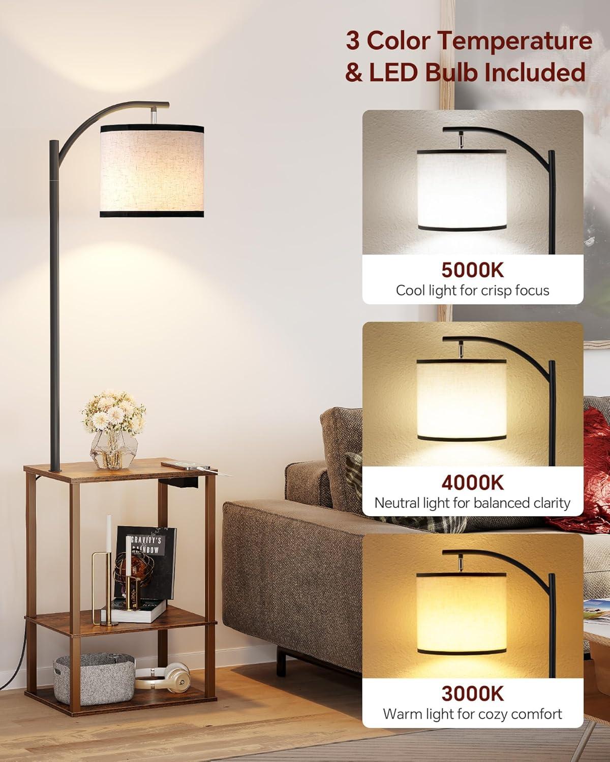 SUNMORY Floor Lamp with Table, Lamps for Living Room with USB Port, Attached End Table with Shelves, Brown