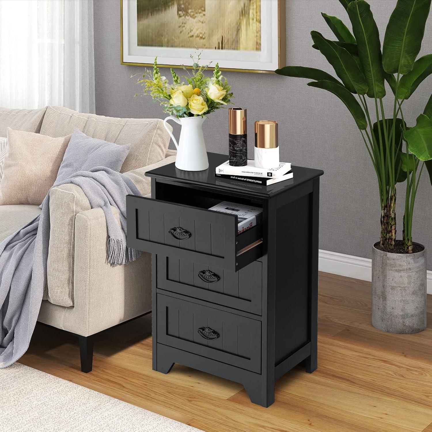 Gymax End Table Nightstand Bedroom Storage w/ 3 Drawers & Wood Slide White