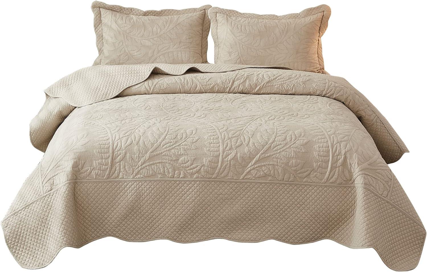 MarCielo  3 Piece Cotton Oversized Bedspread Quilt Set Tmonica Natural Beige - Oversized King