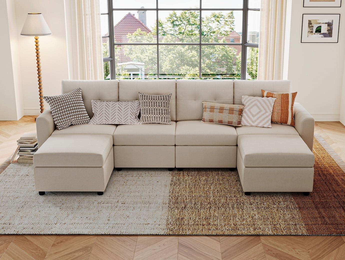 LINSY HOME Oversized Modular Cloud Sectional Sofa, RUBIK III 7 Seat Storage Couches and Sofas, Sectional Couches for Living Room with Reversible Chaises, Beige