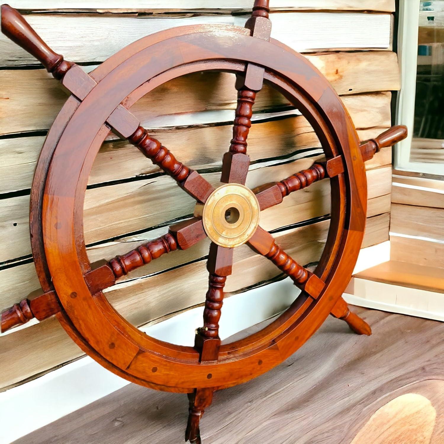 Deluxe Lacquered Wood and Brass Nautical Ship Wheel 18"