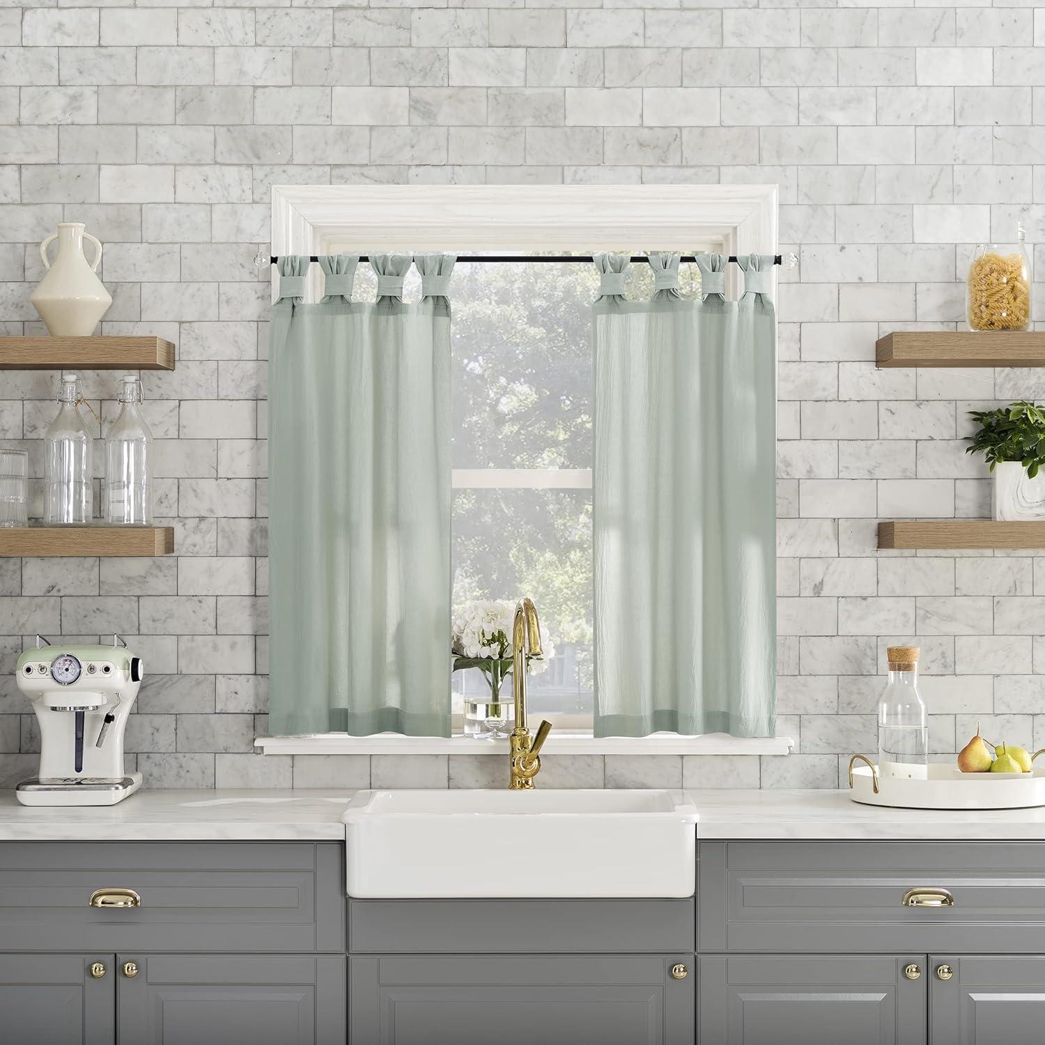 2pc 52"x45" Archaeo Washed Cotton Twist Tab Cafe Curtain Tier Pair Seafoam Green: Kitchen Curtains 45 Inches Long