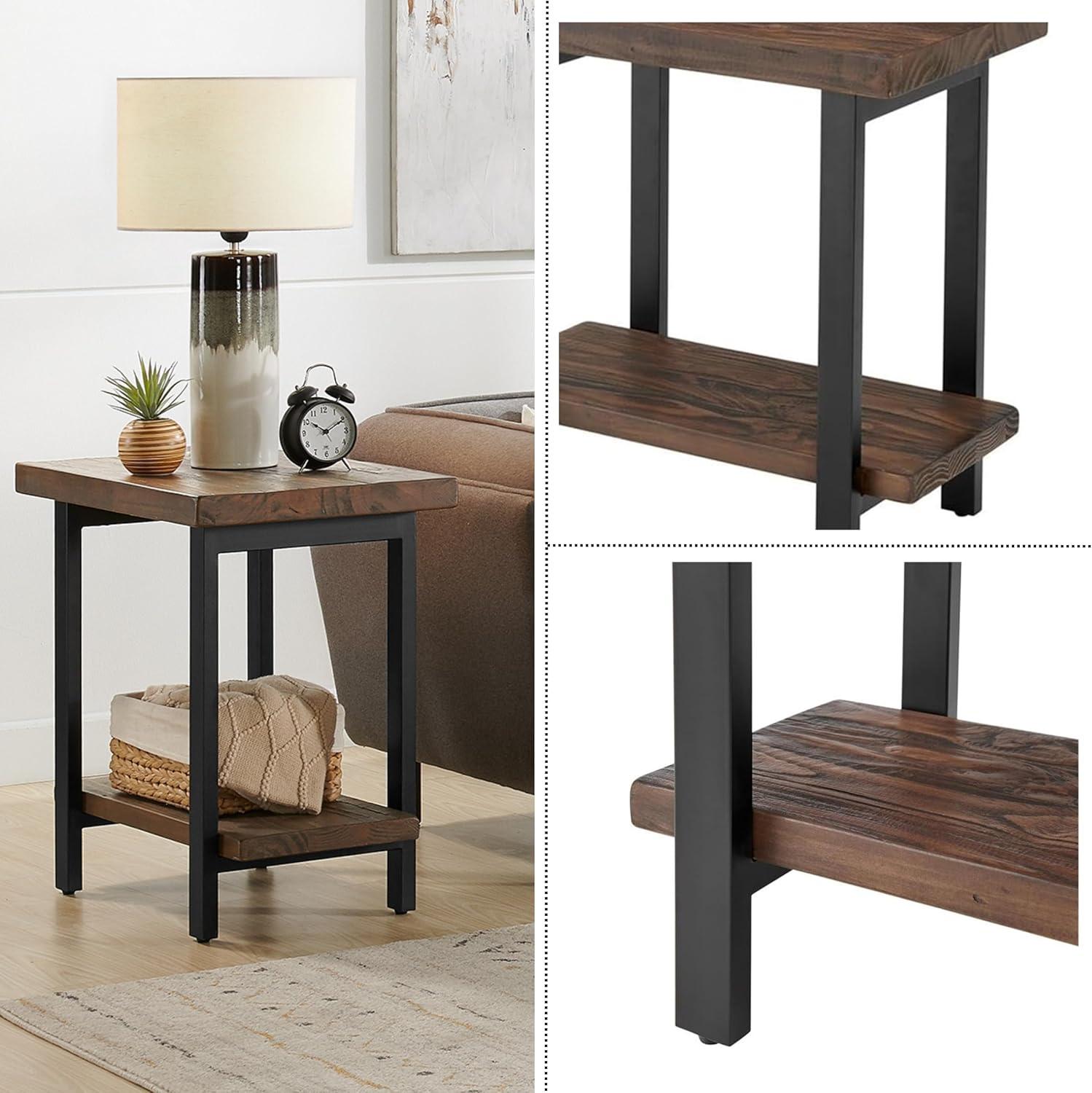 Pomona Solid Wood and Metal End Table with Shelf - Alaterre Furniture: Rustic Design, Fixed Shelf, Rectangle Shape
