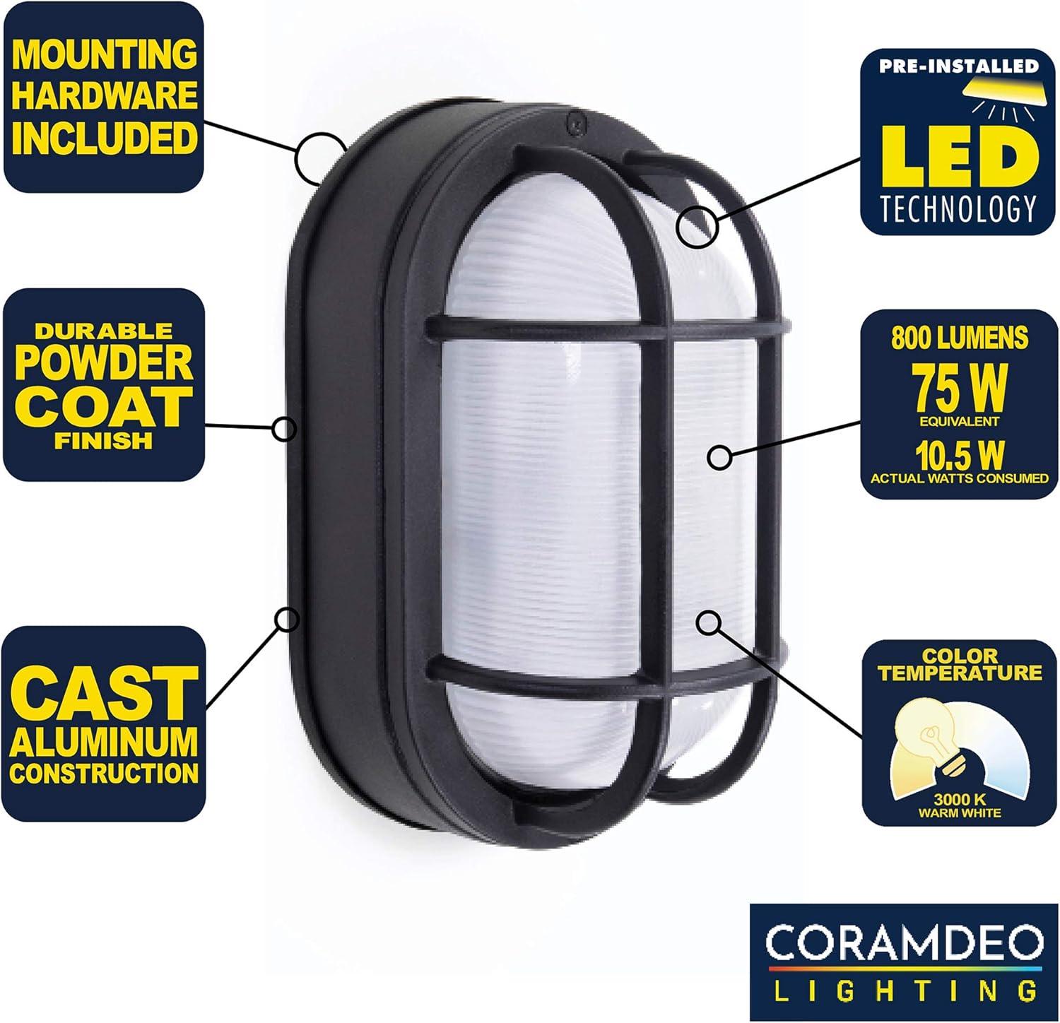 CORAMDEO Outdoor 8.5" Oval LED Nautical Bulkhead Light, Flush Mount for Wall or Ceiling, Wet Location, 75W of Light, 800 Lumens, 3K, Black Cast Aluminum with Frosted Glass Lens (CD-SF001-830LED)