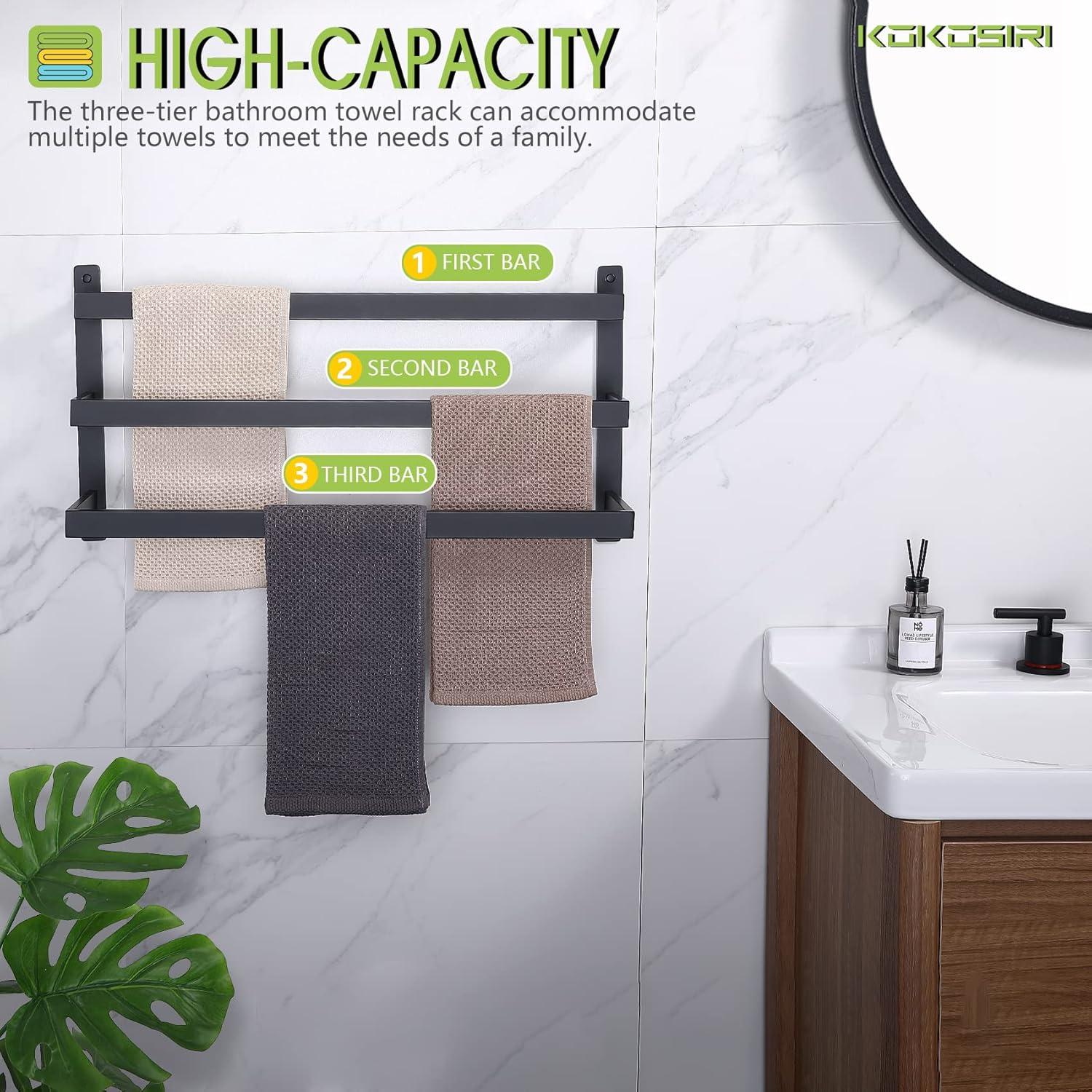 KOKOSIRI Bath Towel Bars Matte Black Bathroom 3-Tiers Ladder Towel Rails Wall Mounted Towels Shelves Rack Stainless Steel B5002BK-L24