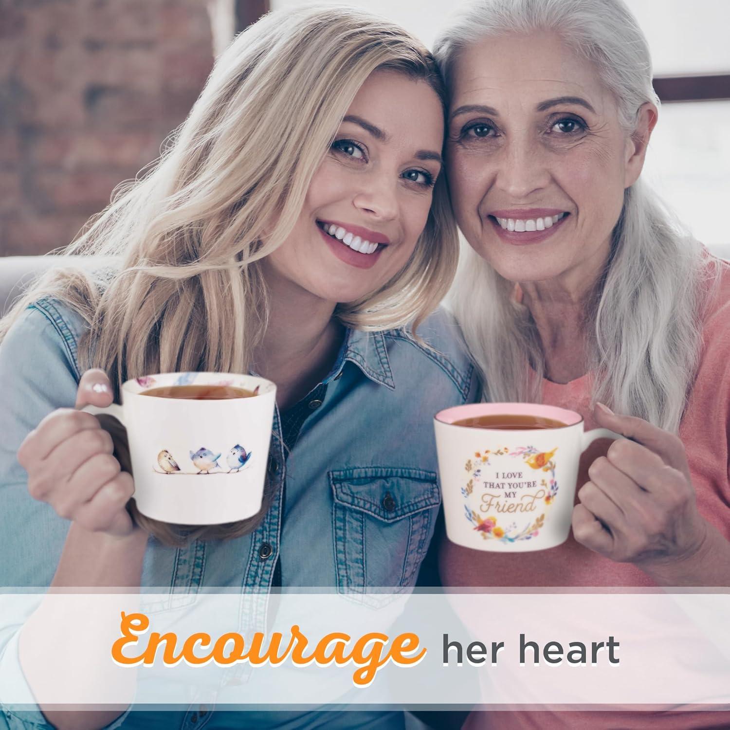 Christian Art Gifts Novelty Ceramic Floral Coffee & Tea Mug for Women: I Love that You're My Friend - Prov. 27:9 Inspirational Scripture, Lead-free Multicolor w/Birds & Gold Design, White/Pink, 13 oz.