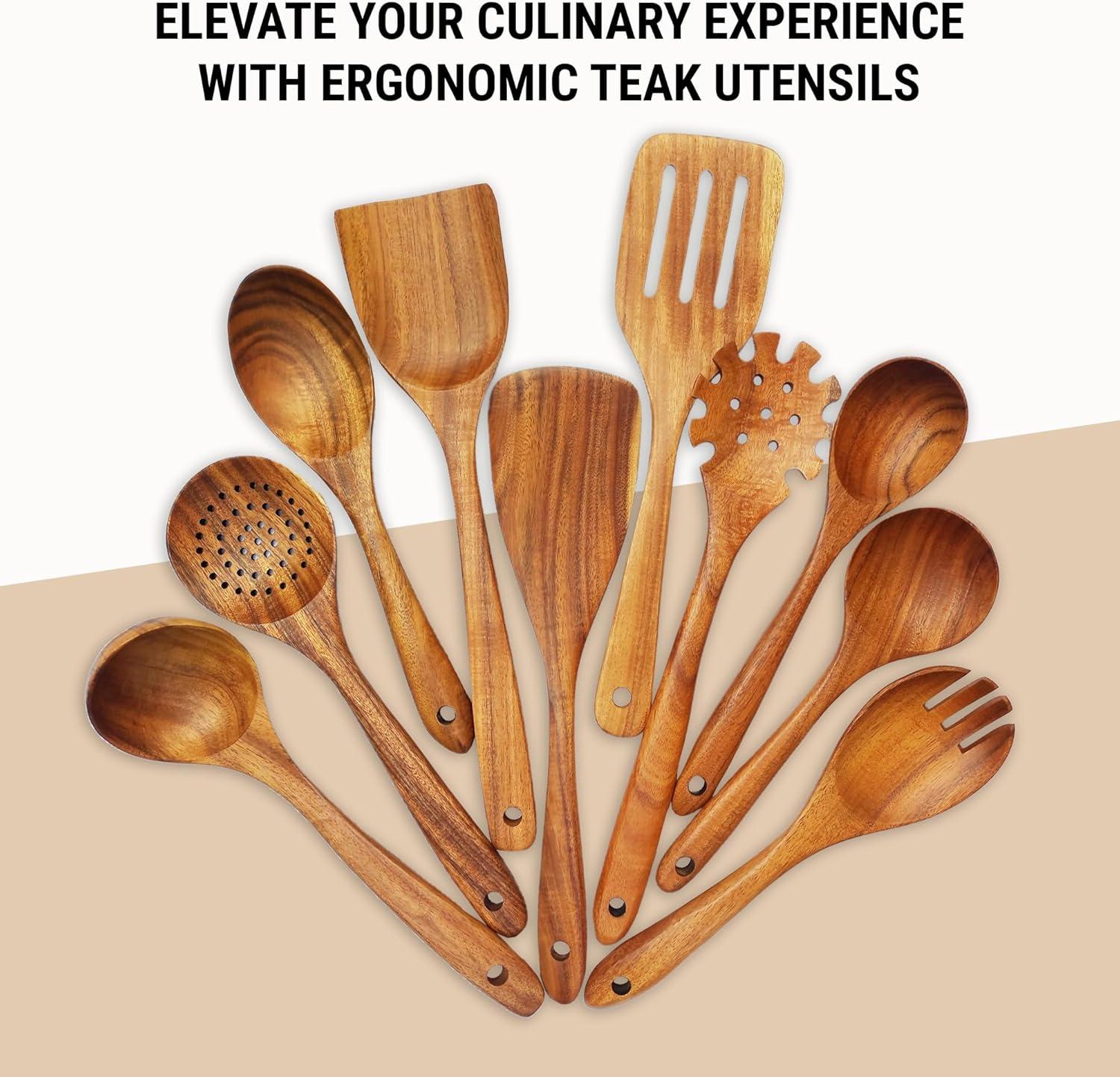 Wooden Spoons for Cooking, 10 Pcs Teak Wood Cooking Utensil Set ‚ Wooden Kitchen Utensils for Nonstick Pans & Cookware ‚ Sturdy, Lightweight & Heat Resistant