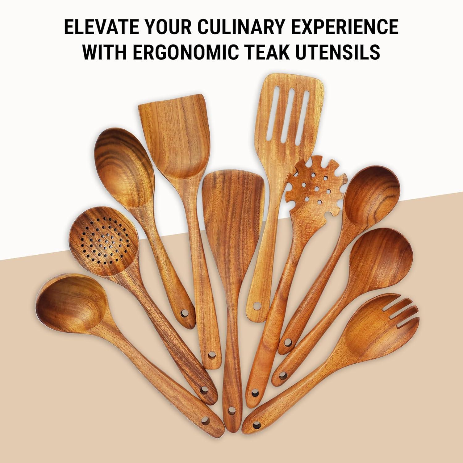 Wooden Spoons for Cooking, 10 Pcs Teak Wood Cooking Utensil Set ‚ Wooden Kitchen Utensils for Nonstick Pans & Cookware ‚ Sturdy, Lightweight & Heat Resistant