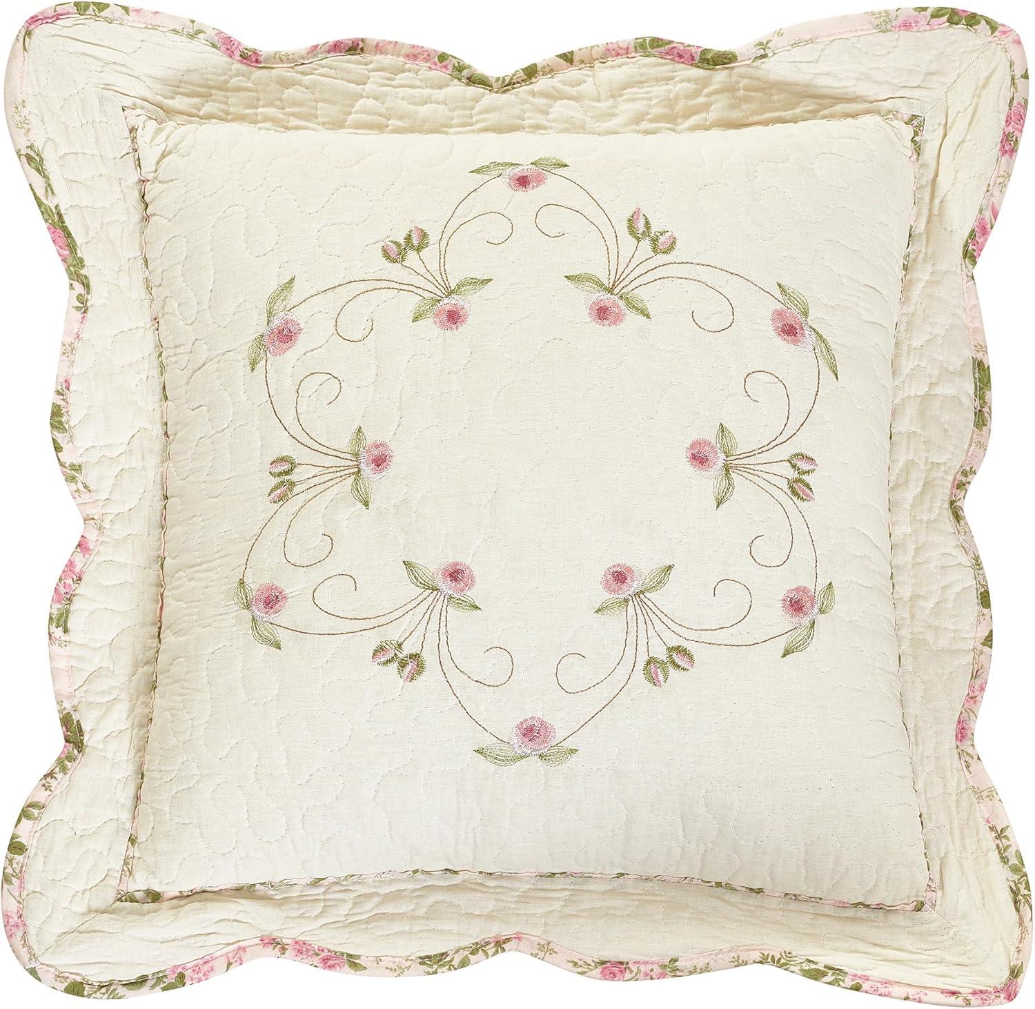 Ivory and Pink Embroidered Floral Square Pillow