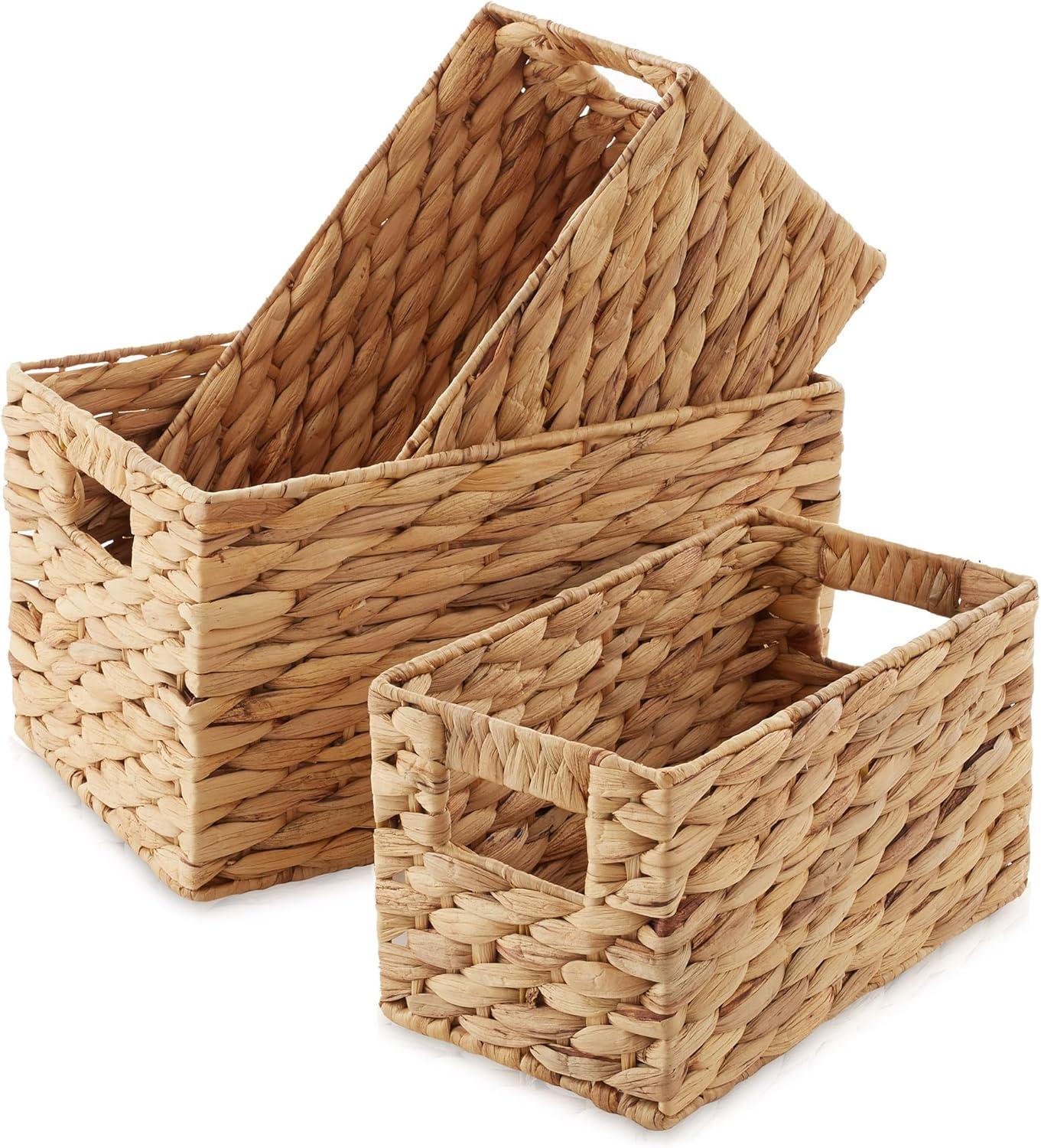 Casafield Set of 3 Water Hyacinth Storage Baskets with Handles - Small, Medium, and Large Woven Nesting Storage Bin Organizers for Shelves