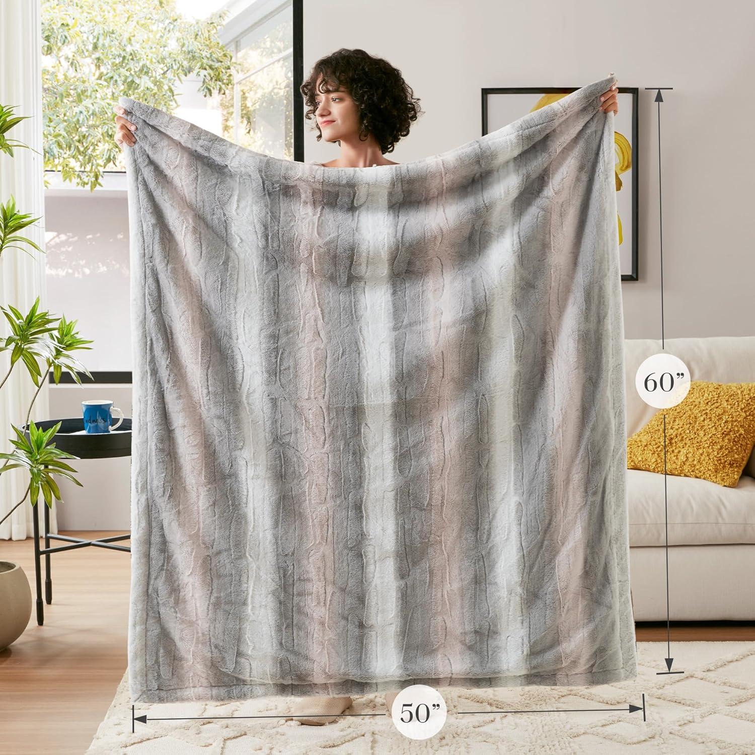 60"x70" Oversized Marselle Faux Fur Throw Blanket Blush/Gray - Madison Park