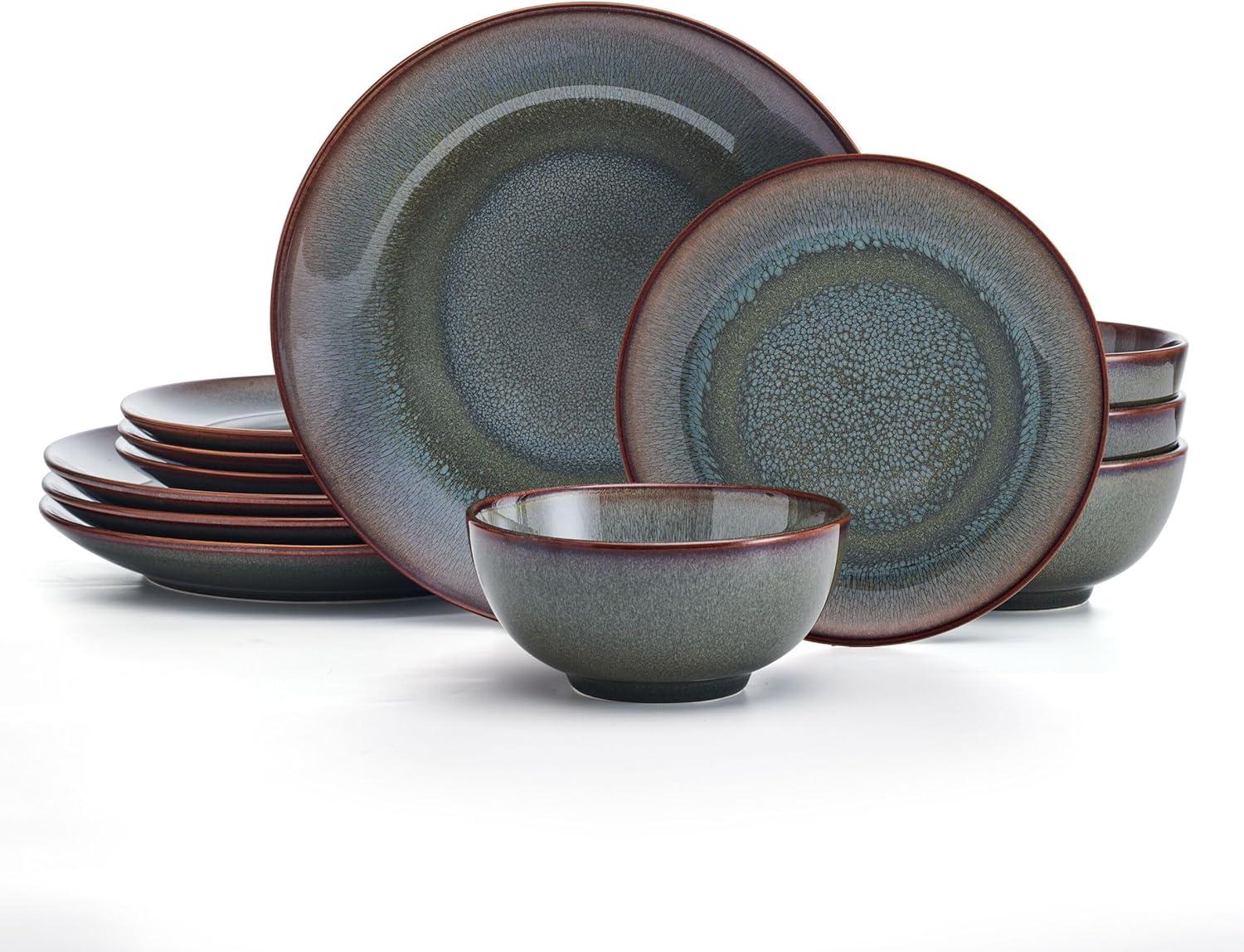 Mackensie Blue and Brown Ceramic 12-Piece Dinnerware Set