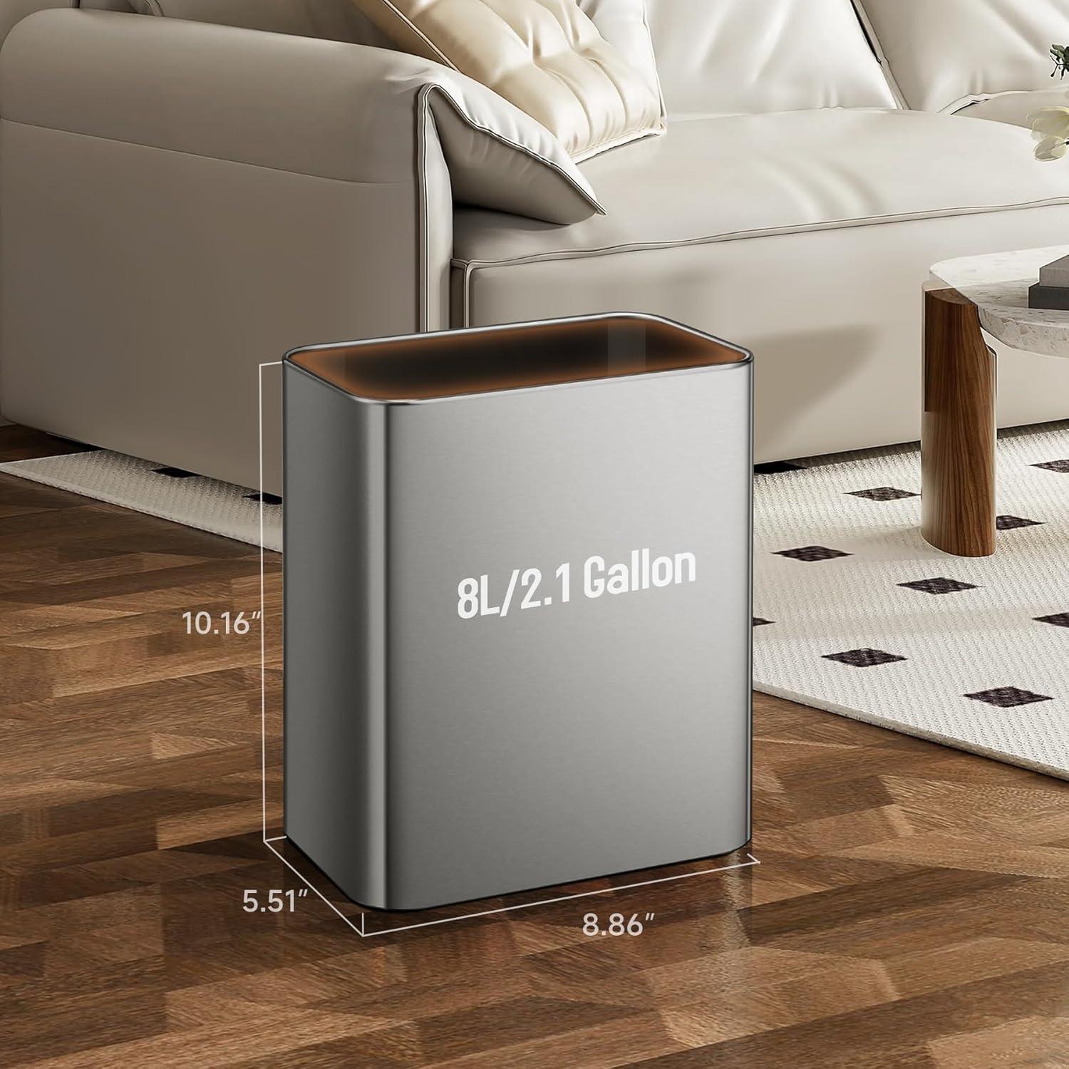 Slim Silver Stainless Steel 2.1 Gallon Trash Can