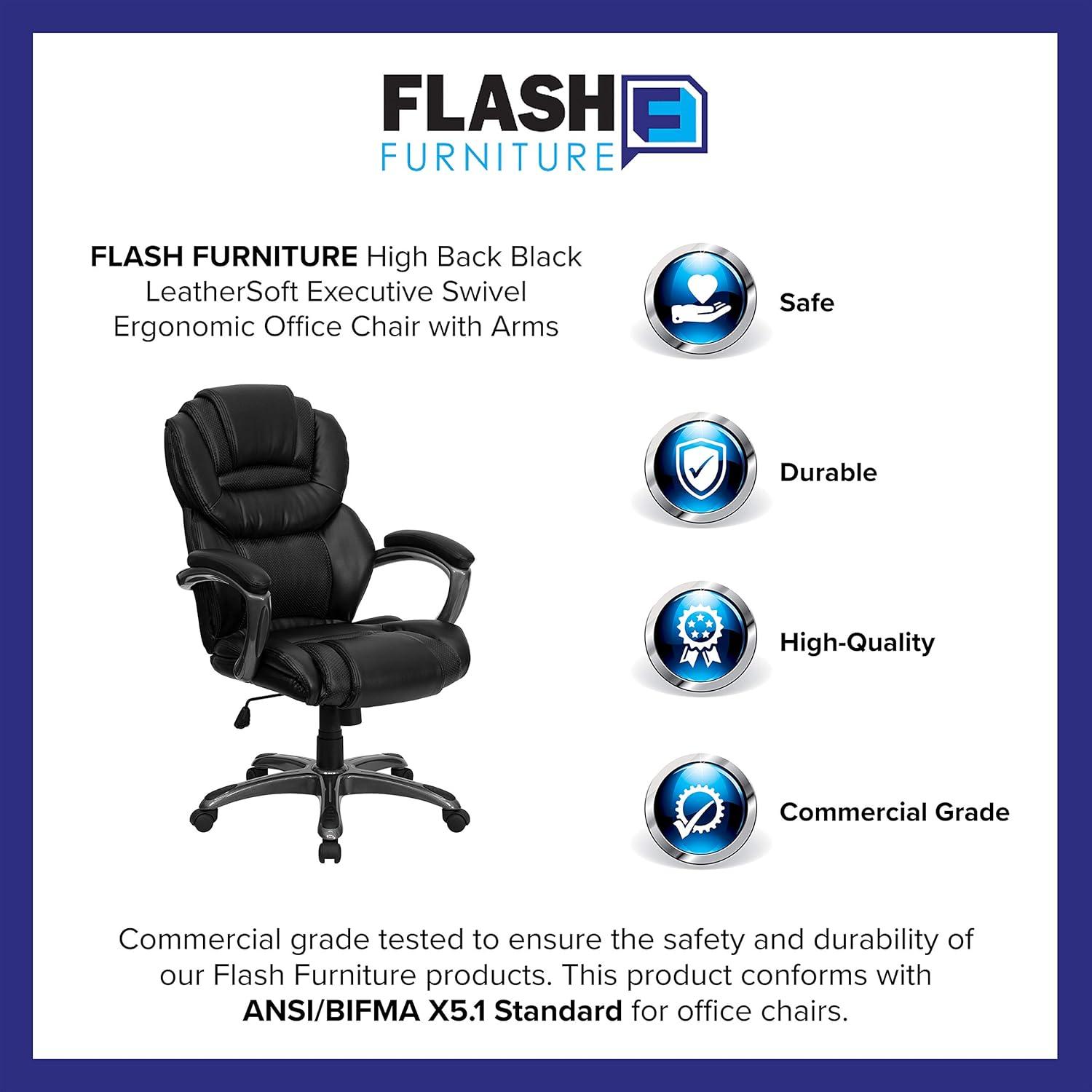 Flash Furniture High Back Black LeatherSoft Executive Swivel Ergonomic Office Chair with Arms