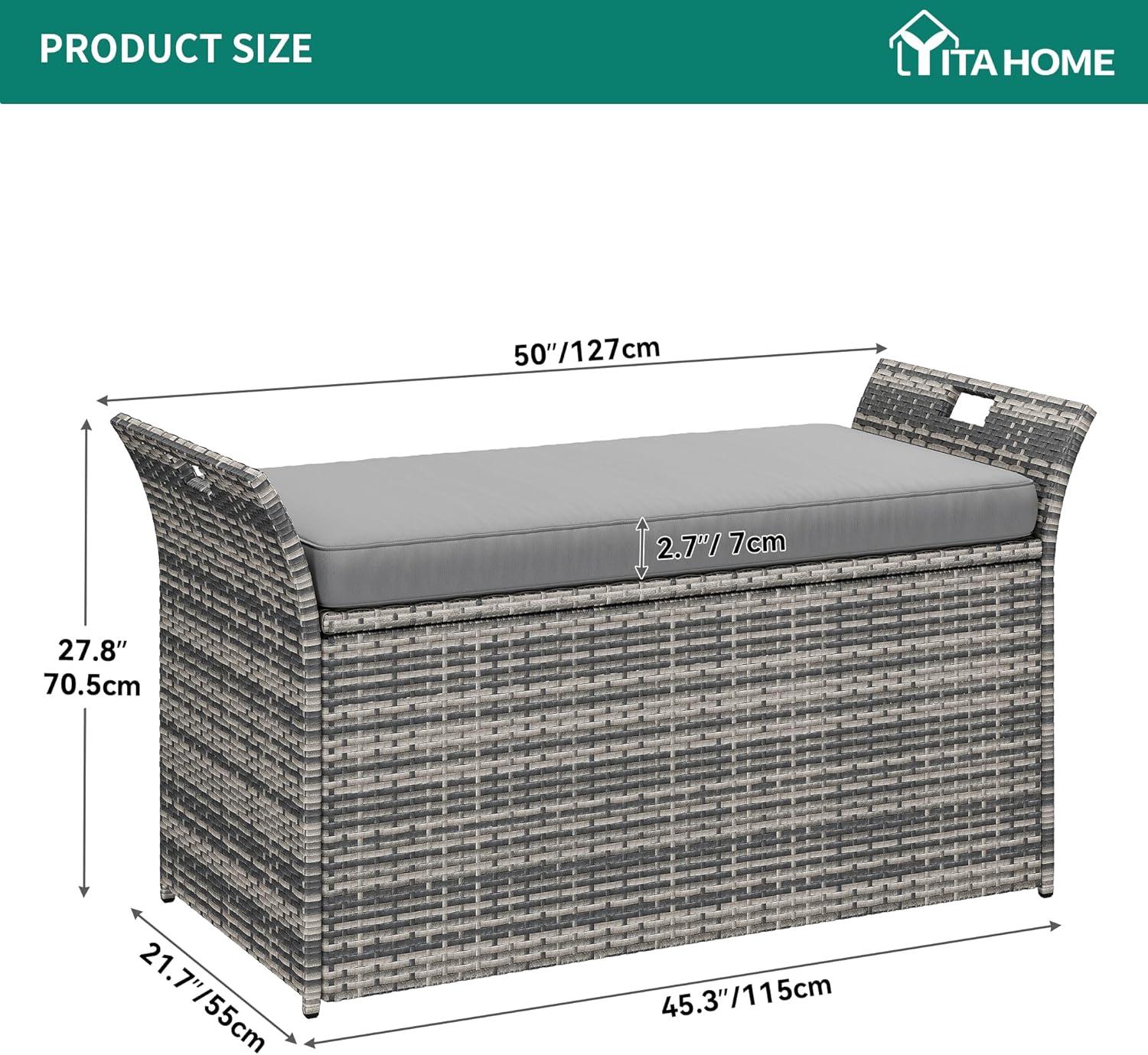 Gray Wicker and Polyethylene Outdoor Storage Bench with Cushion