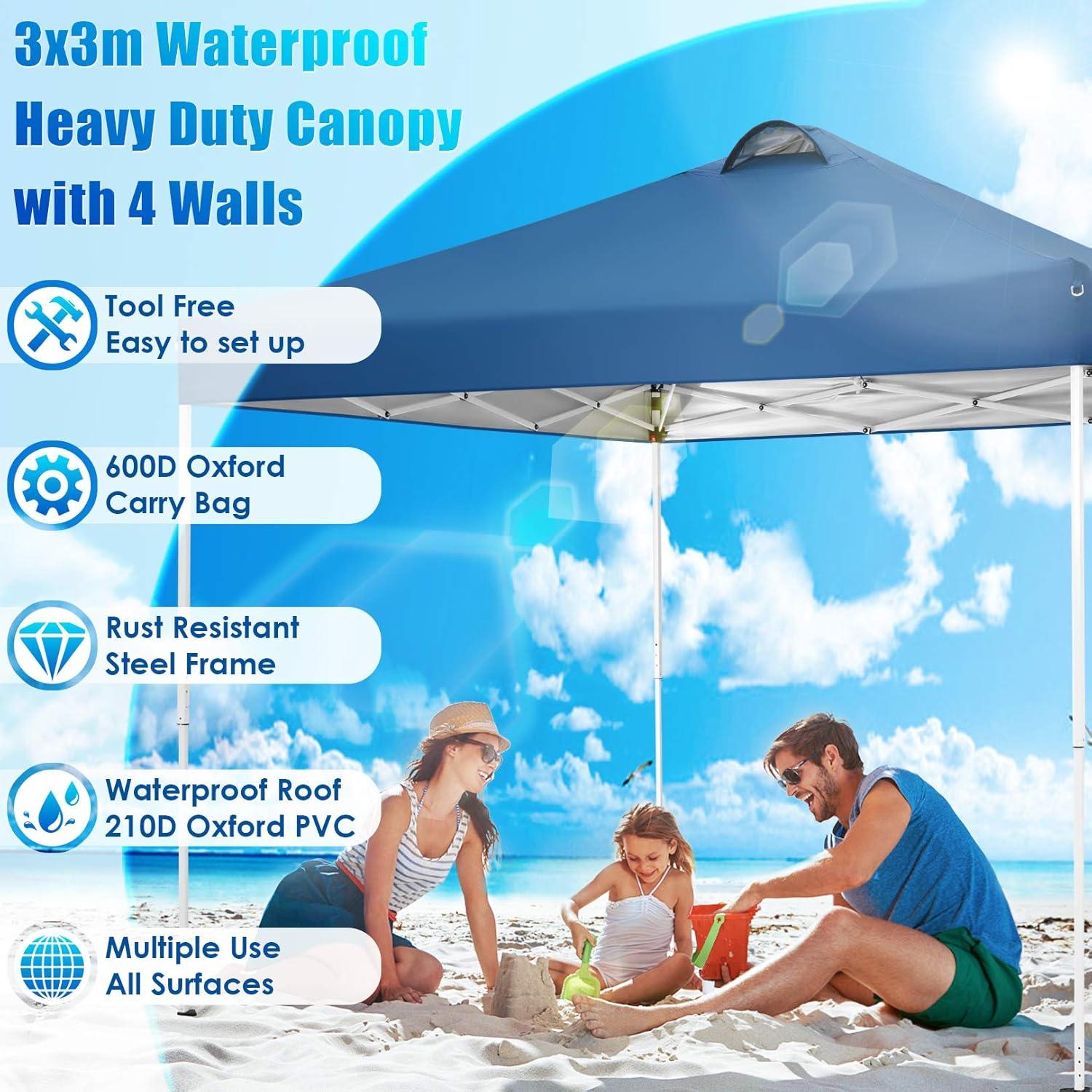 Blue 10' x 10' Waterproof Metal Frame Pop-Up Canopy Tent with Sidewalls