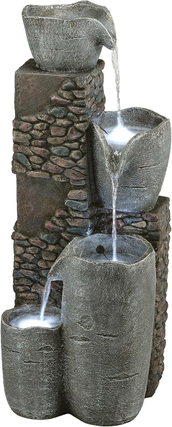 42" Resin Outdoor 4-Tier Stone Bowl Fountain with LED Lights Gray - Alpine Corporation: Weatherproof, Rust-Resistant Garden Decor