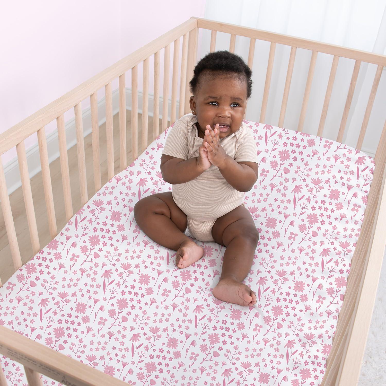 The Peanutshell Fitted Crib Sheet Set for Baby Girls, Daisy, 4 Pack | Pink, Mauve