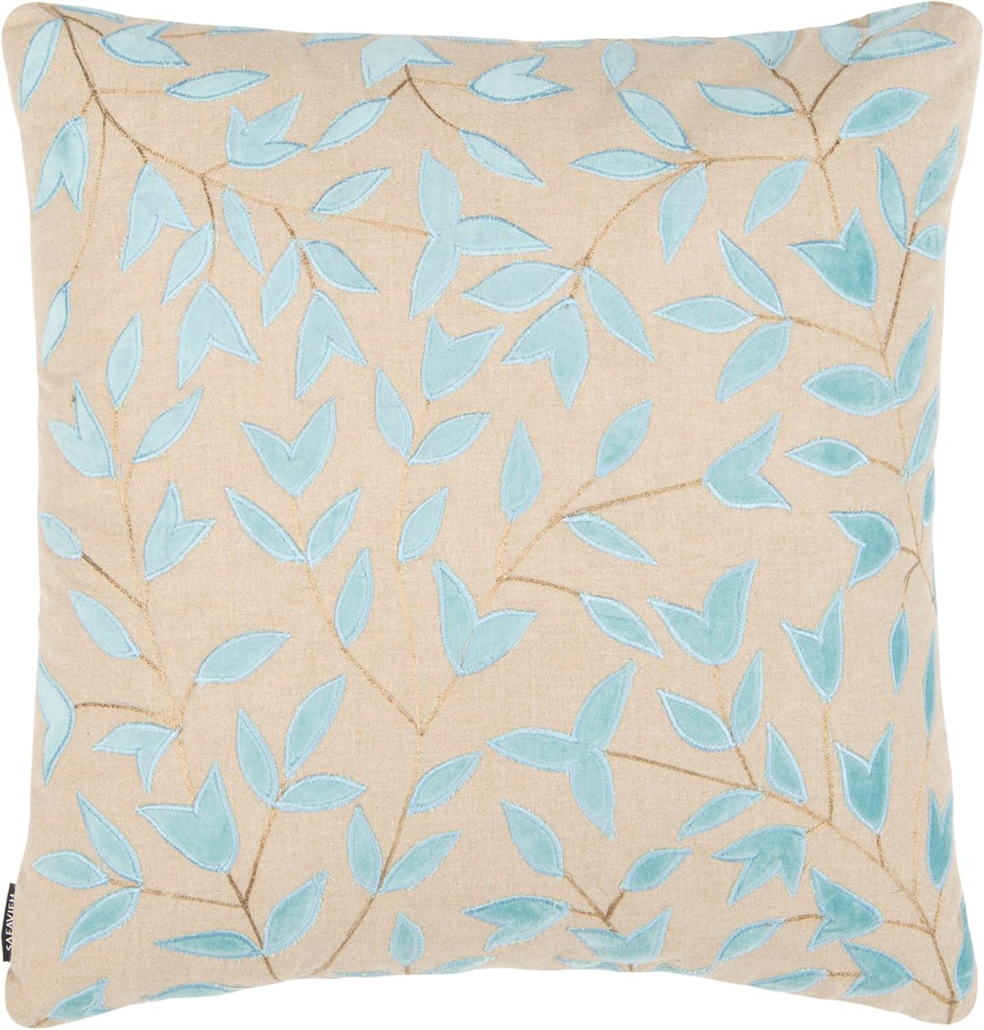 Beige and Blue Embroidered Cotton Floral Pillow, 20" x 20"