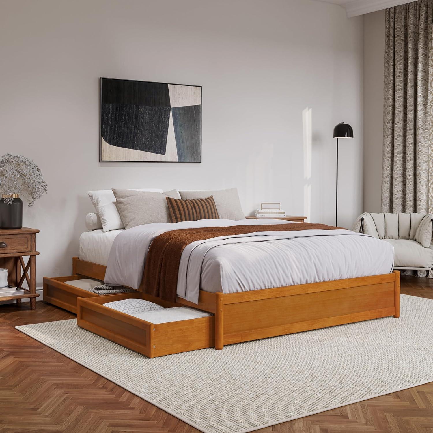Barcelona Queen Wood Panel Platform Bed with Storage Drawers in Light Toffee