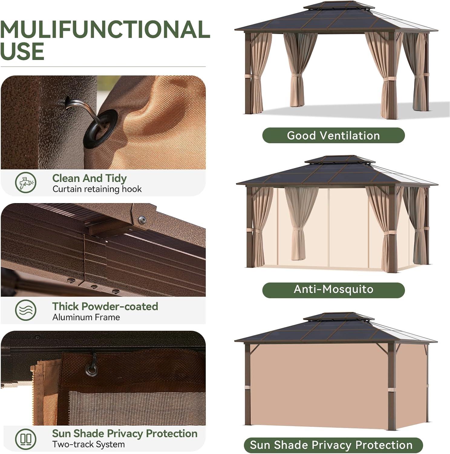 Aoxun 10'x12' Hardtop Gazebo, Aluminum Frame Permanent Pavilion with Curtains and Netting, Outdoor Polycarbonate Gazebo, Double Roof Canopy, for Gardens, Patios, Lawns