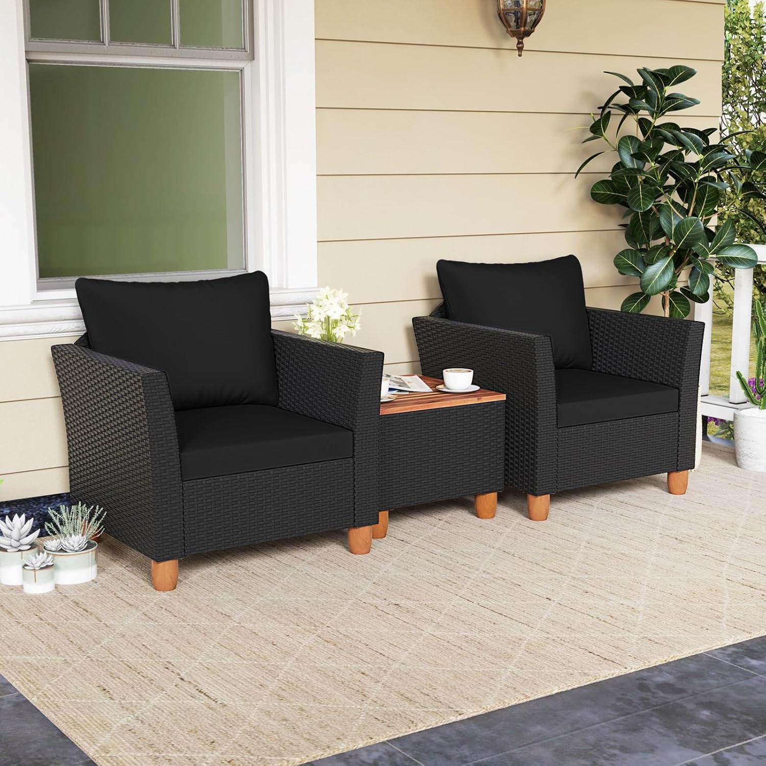 Costway 3PCS Outdoor Patio Rattan Furniture Set Wooden Table Top Cushioned Sofa Black