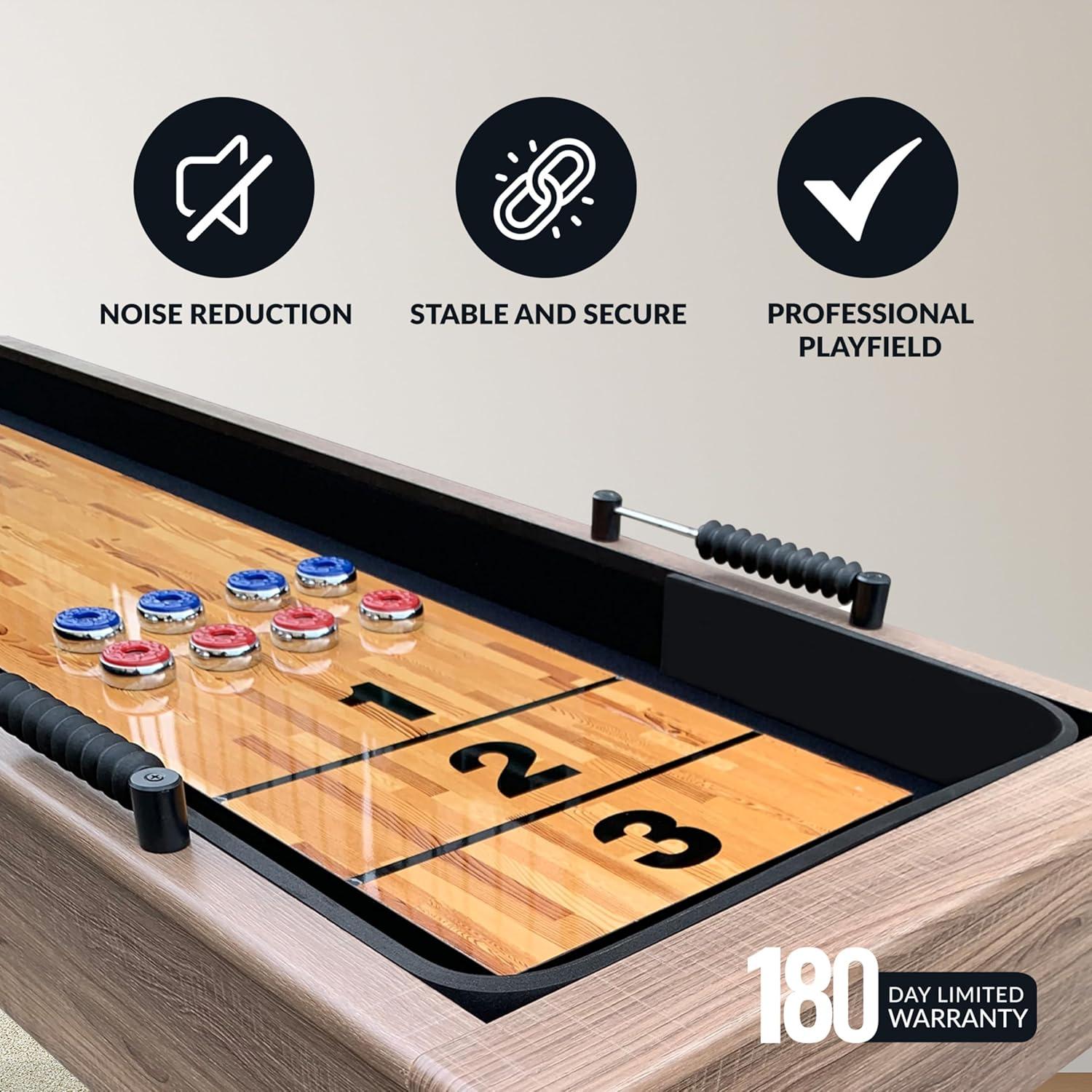 Hathaway Excalibur 9 Ft Shuffleboard Table for Arcade Game Room - With Poly-Coated Playfield, Built-In Abacus Scorer & Cabinet, Padded Gutters, X-Pattern Legs, 8 Pucks, Brush & Wax - Driftwood Finish