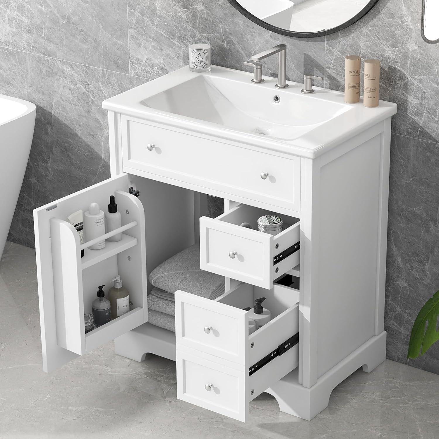 White 30" Solid Wood Bathroom Vanity with Ceramic Sink