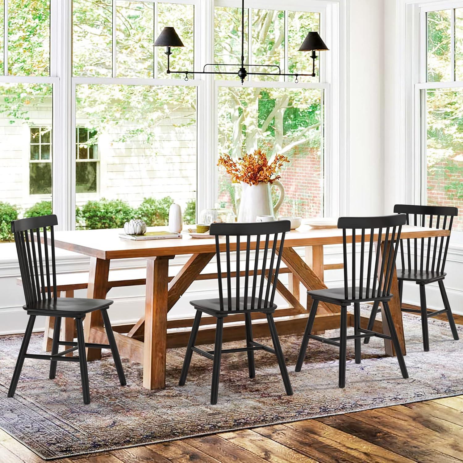 Black Solid Wood Windsor Spindle Back Dining Chairs, Set of 4