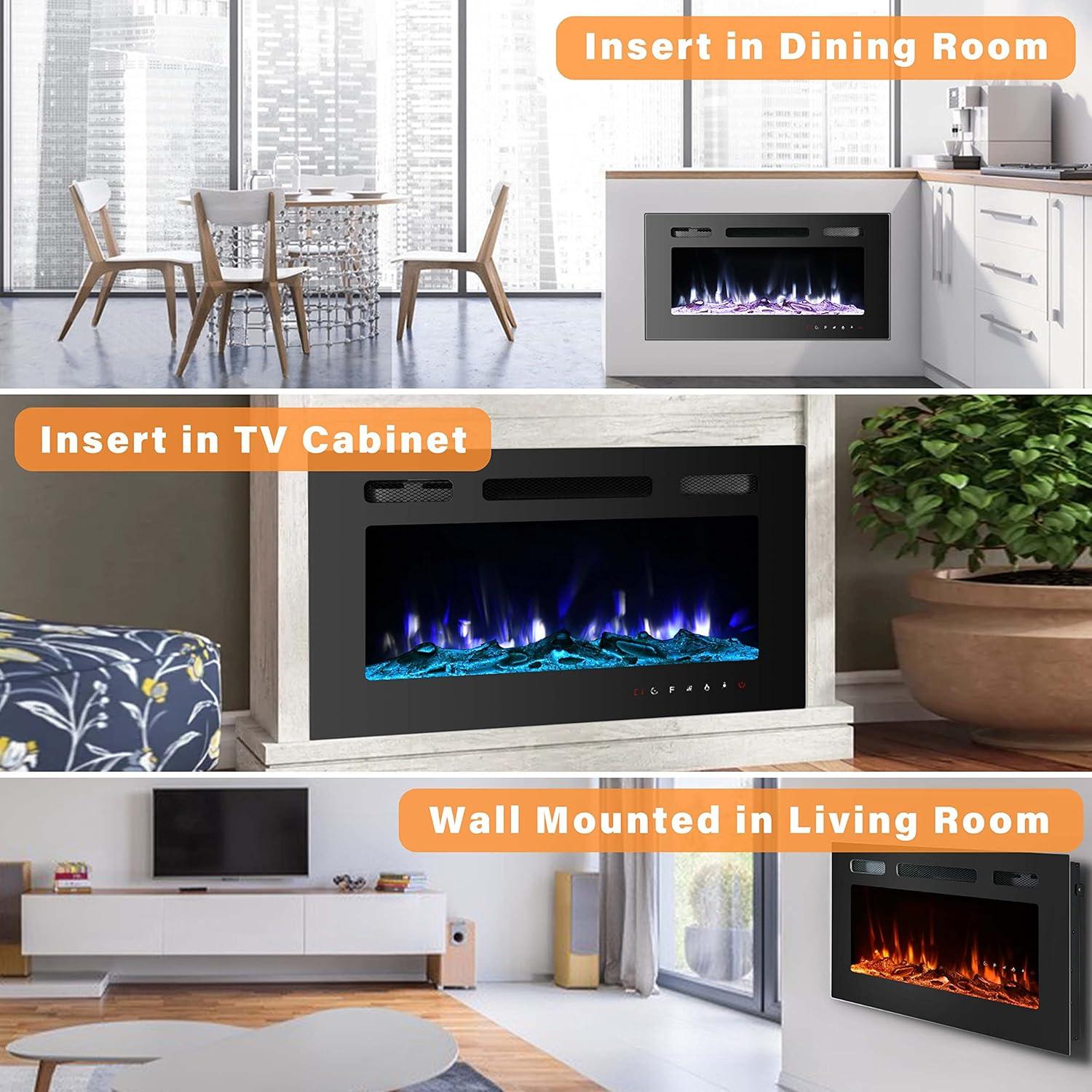 Tangkula 36"/40"/50" Recessed Electric Fireplace Wall Mounted Heater w/Remote Control 750W/1500W mode Adjustable Flame