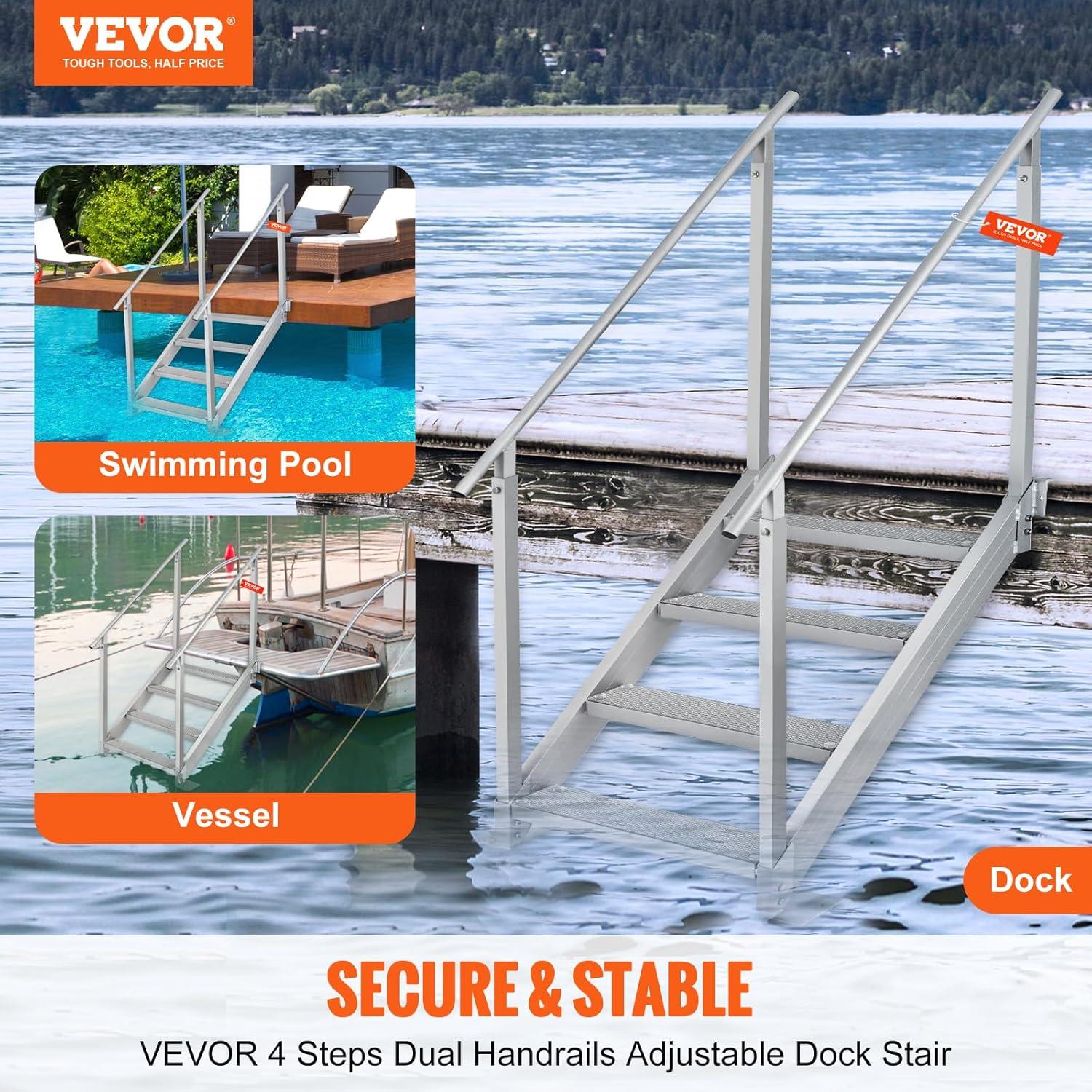 VEVOR Dock Stairs 4 Steps, 500lbs Load Pool Steps, Adjustable Height Aluminum Dock Ladders, Pontoon Boat Ladder with Handrails & Widen Nonslip Pedals for Lake/Pool/Marine Boarding/RV/House