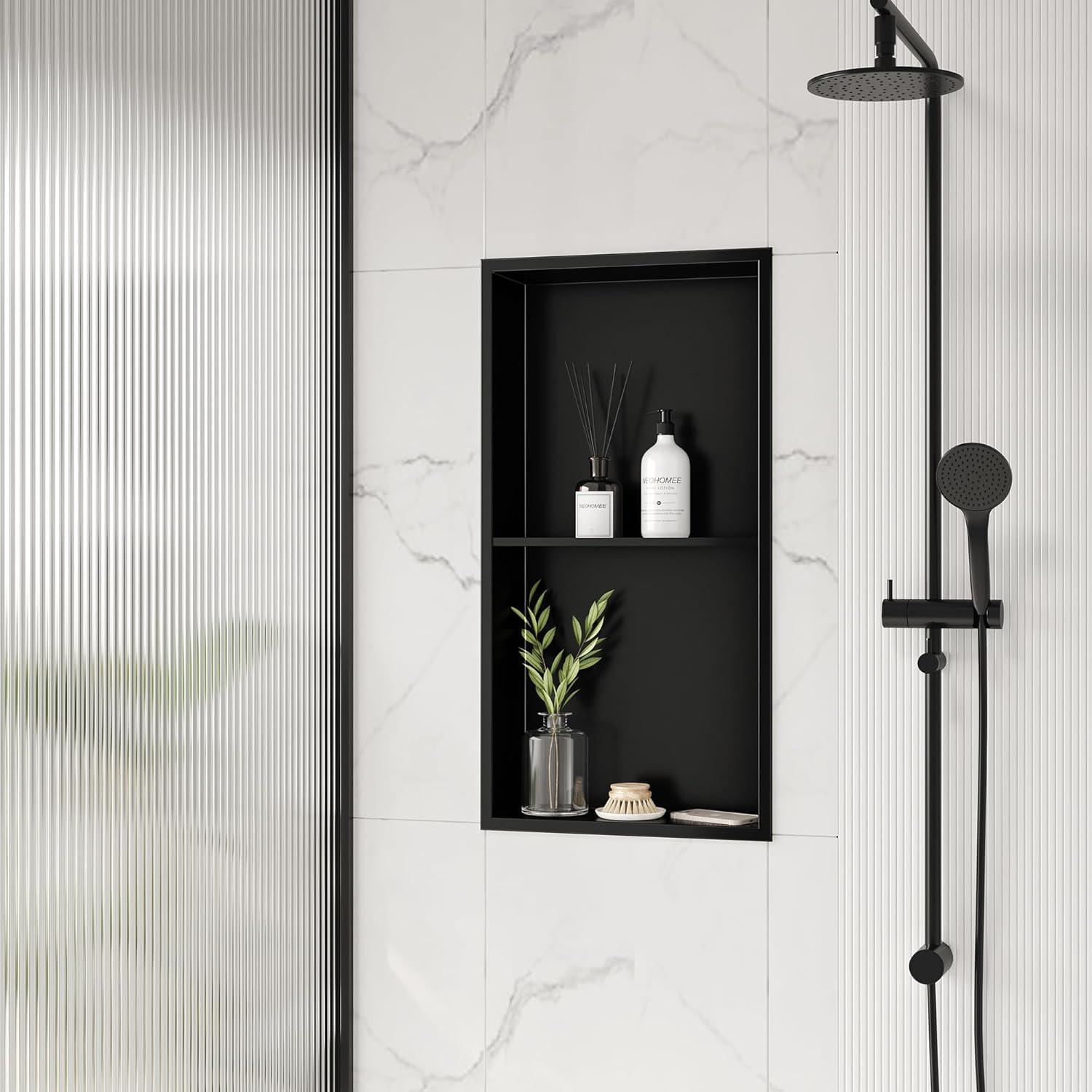 Neodrain No Tile Shower Niche, Stainless Steel Wall Niche 13.1"X 25.1"(Inner Size 12"X24"), Two-Tier Bathroom Shelf, NO Tile Needed Recessed Niche Shower for Bathroom Storage, Matte Black