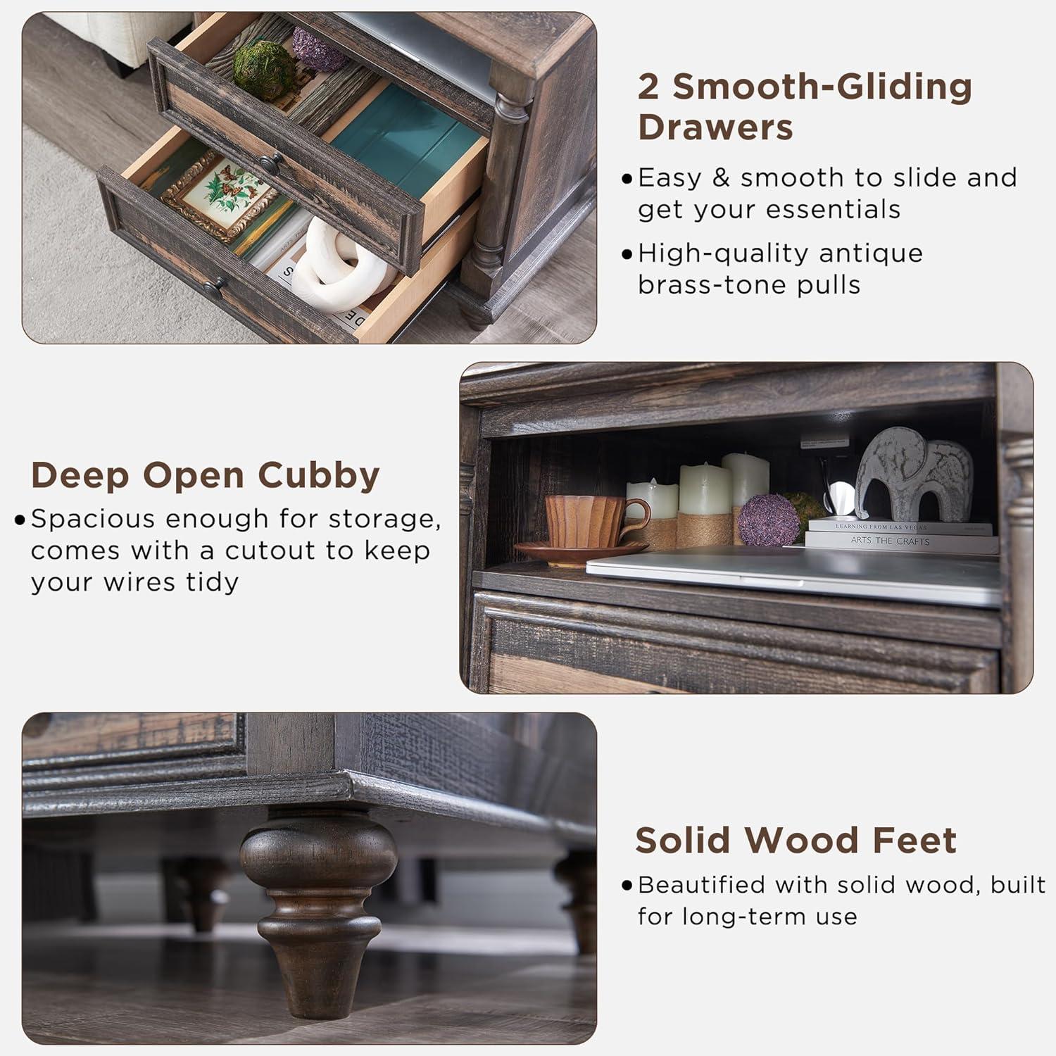 OKD Rushville Farmhouse 2 - Drawers Nightstand with Charging Station, Tall Rustic Wood Square End Table with Open Shelf