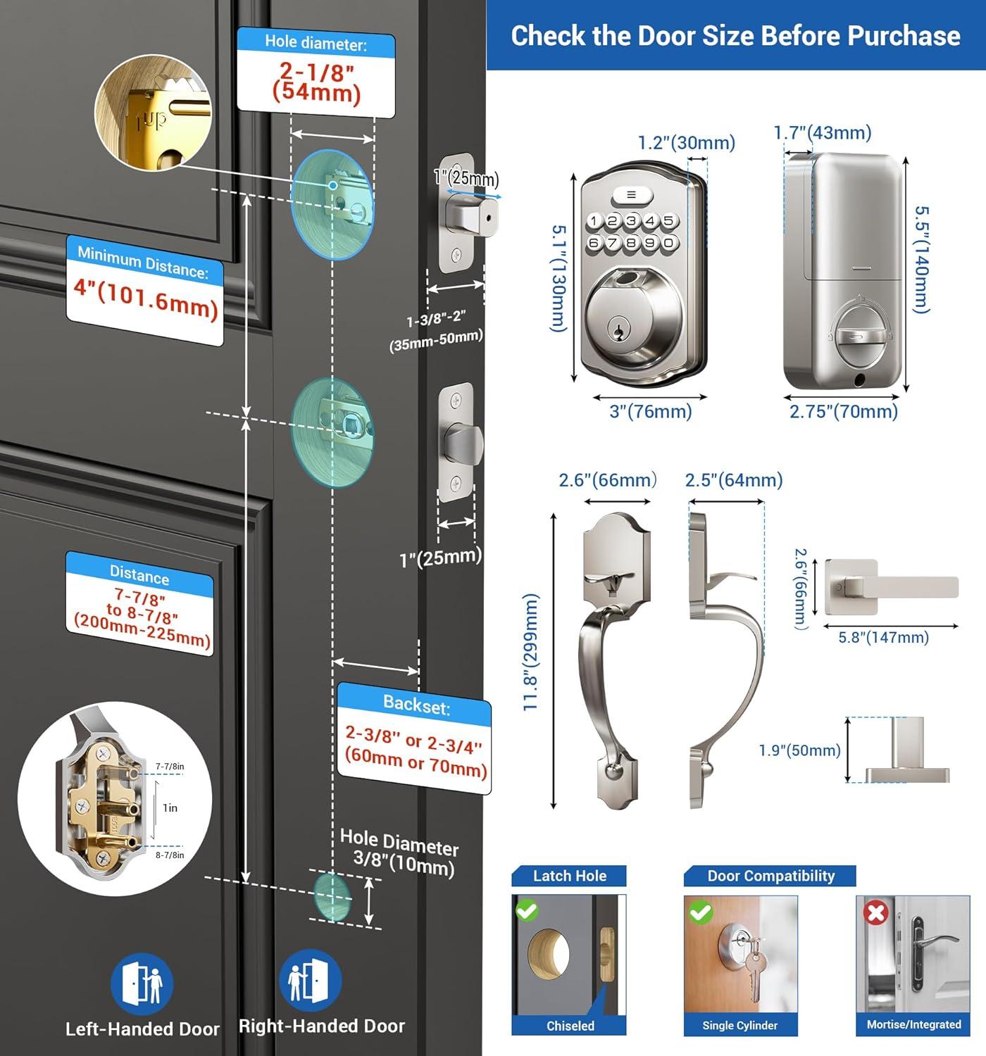 Veise Fingerprint Door Lock Set, Keyless Entry Door Lock, Front Handle Set, Electronic Keypad Deadbolt with Lever Handle, 2 Keys, Auto-Locking, One-time Codes, Easy to Install, Satin Nickel
