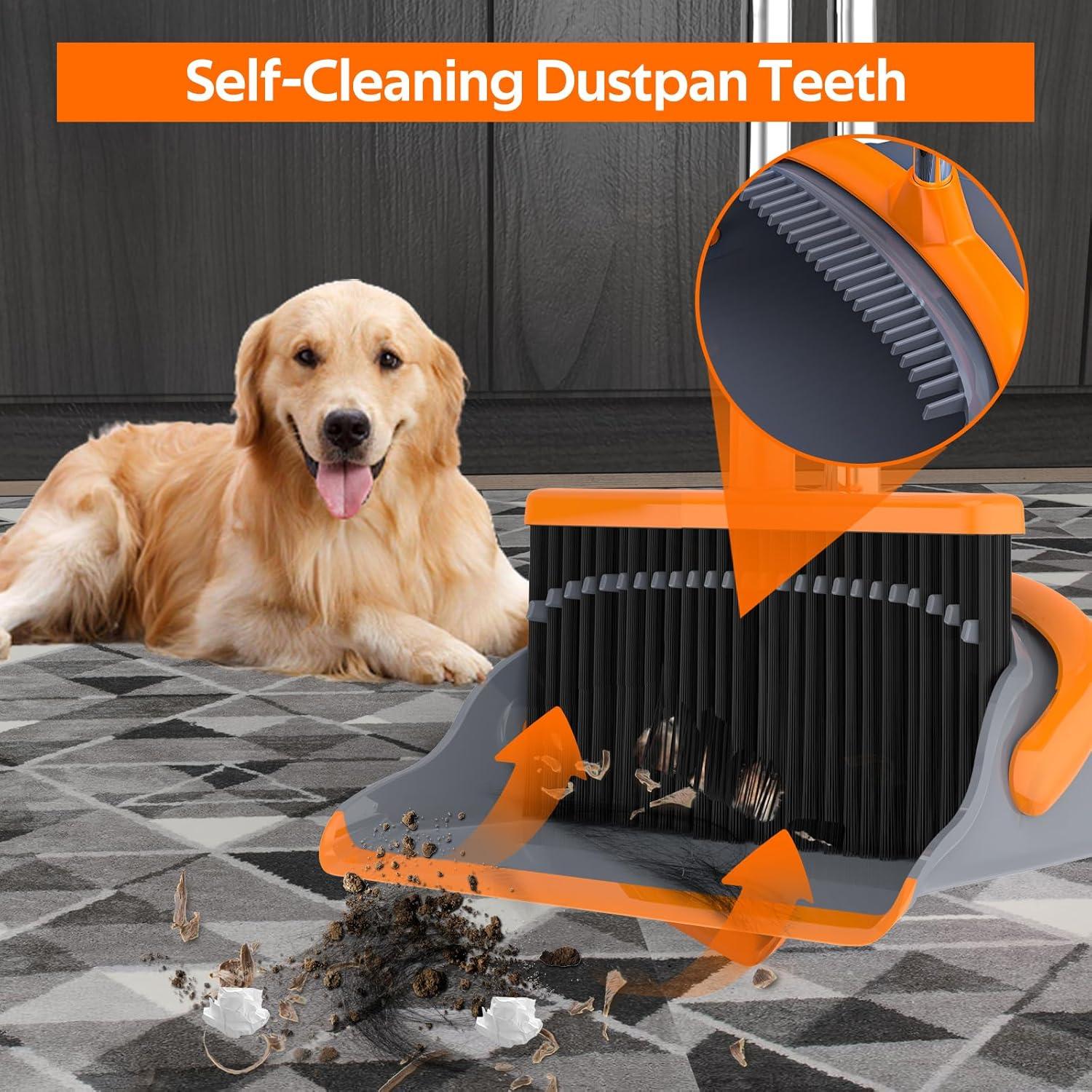 Broom and Dustpan Set for Home, Broom and Dustpan Combo for Office, Long Handle Broom with Upright Standing Dust pan,Indoor&Outdoor Sweeping (Gray&Orange)