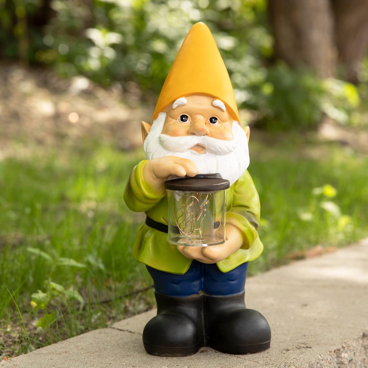 VP Home Firefly Jar Gnomes - Outdoor Garden Gnome with Solar Light - Durable Garden Decorations for Yard, Lawn, Patio - 10.5H x 7W x 5.5D - Weather-Resistant Gnome Statue