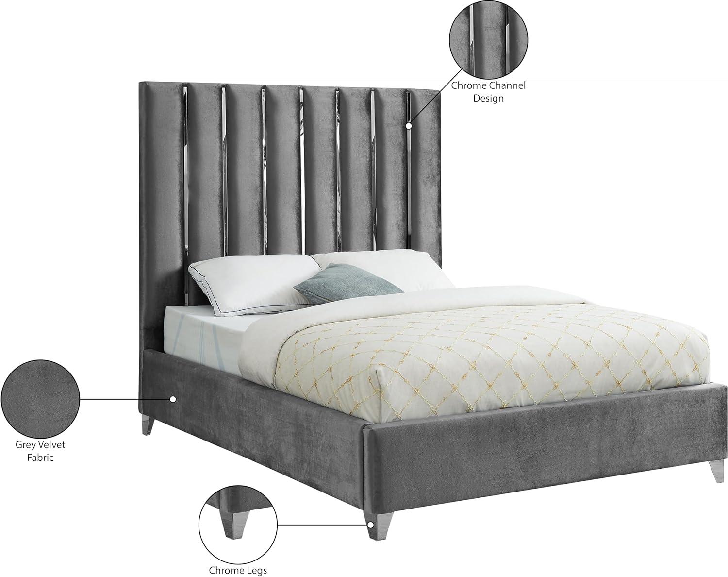 Grey Velvet Upholstered Queen Bed with Tufted Headboard