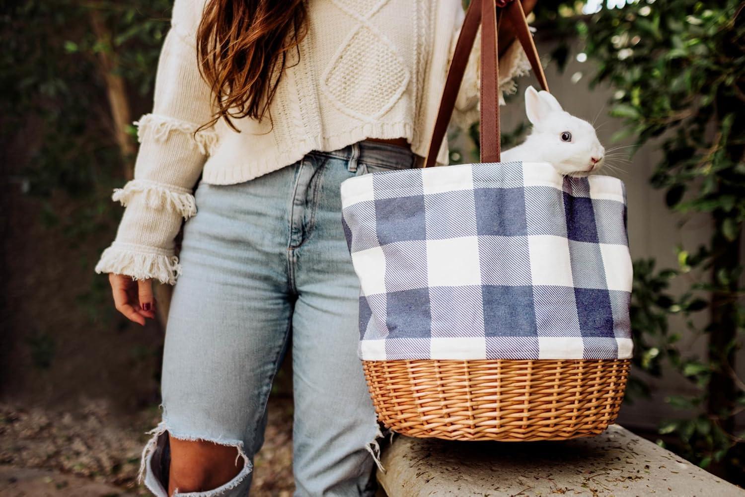 Picnic Time Coronado Canvas and Willow Basket Tote with Blue, White, and Beige Accents