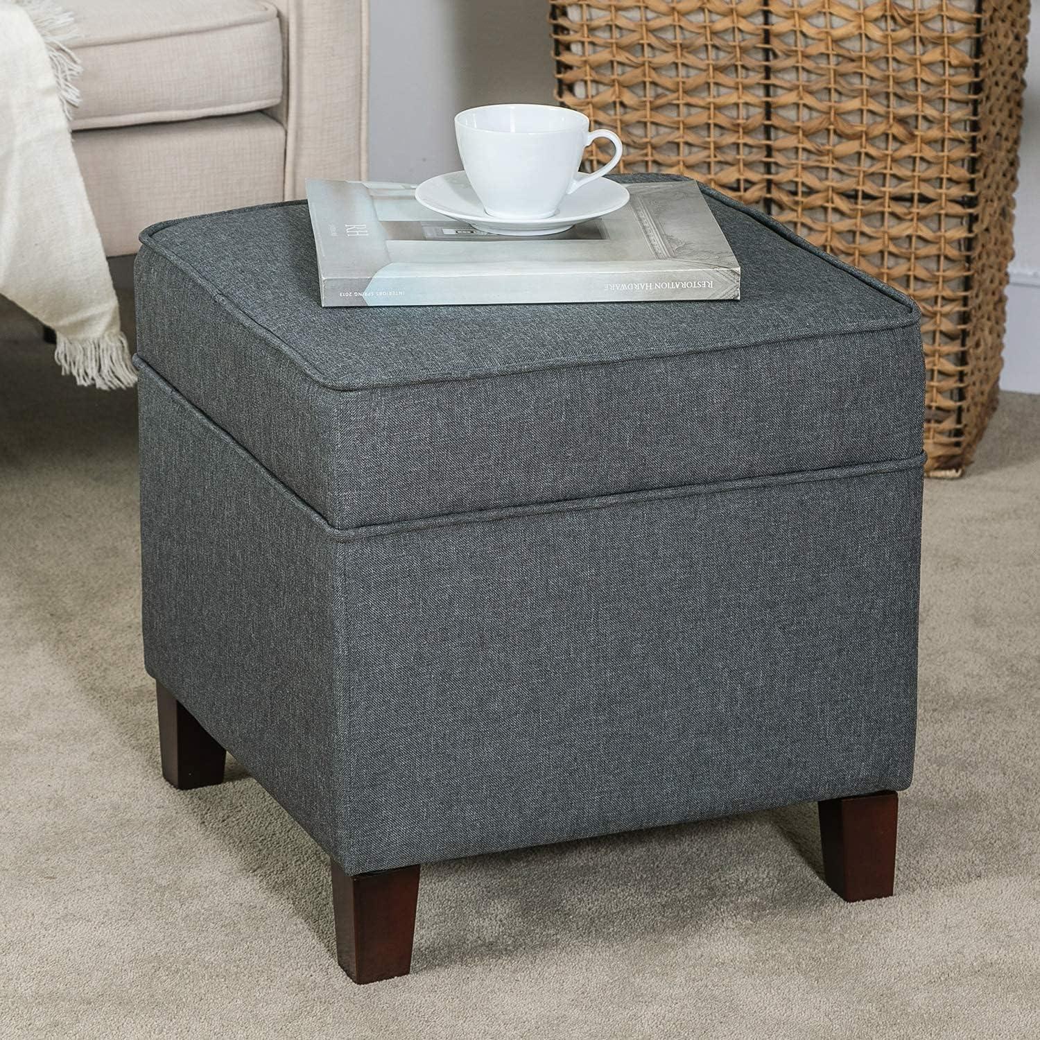 Dark Grey Fabric Square Storage Ottoman with Engineered Wood Legs