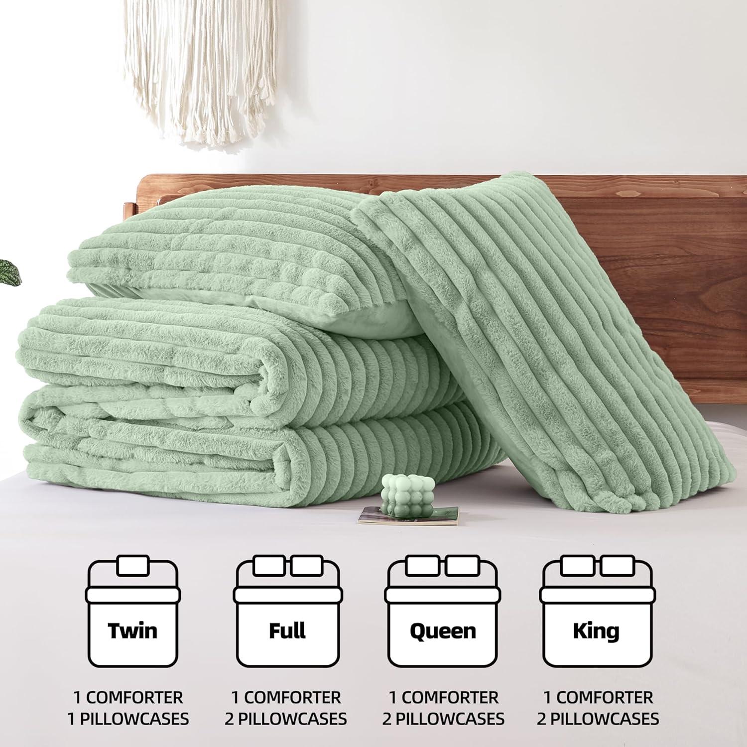 Smoofy Fluffy Twin Comforter Sets 2 Pieces - Sage Green Fleece Fluffy Comforter Set, Luxury Fuzzy Twin Bedding Set, Soft Twin Size Comforter All Season, Heavy Faux Fur Comforter with Pillow Cases