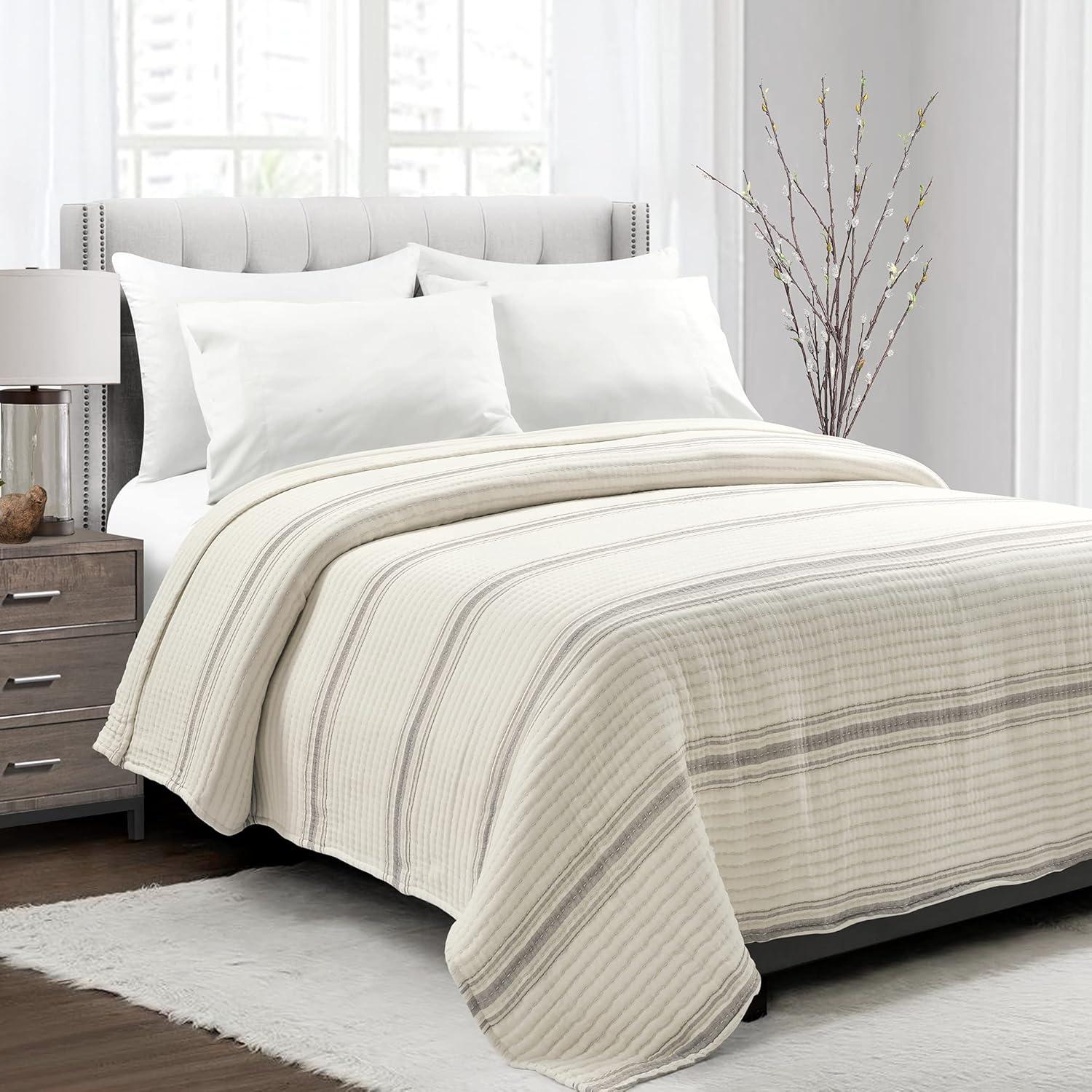 Full/Queen Farmhouse Stripe Kantha Pick Sti Thread Counth Yarn Dyed Woven Single Quilt/Coverlet Gray - Lush Décor