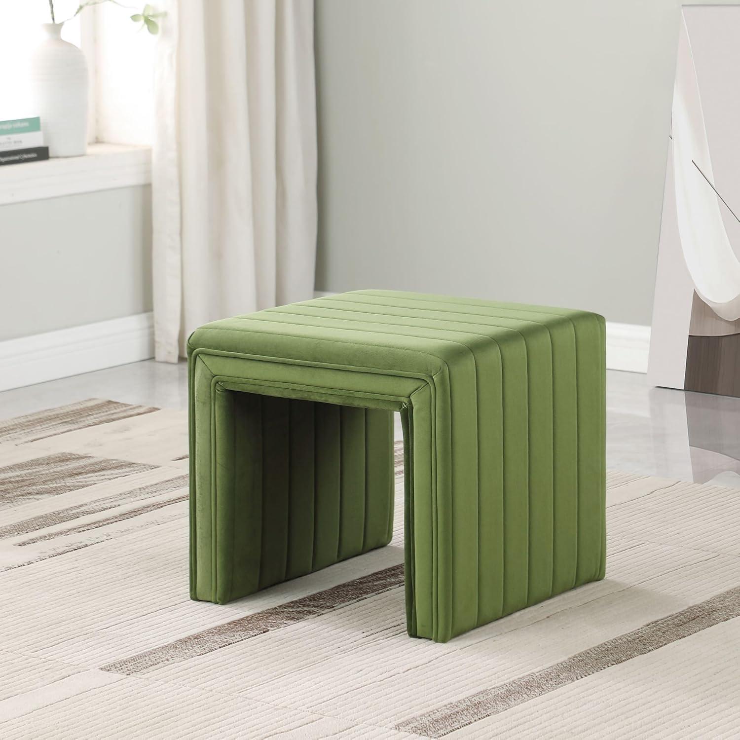 Elegant Green Velvet Tufted Footstool with Channel Detailing