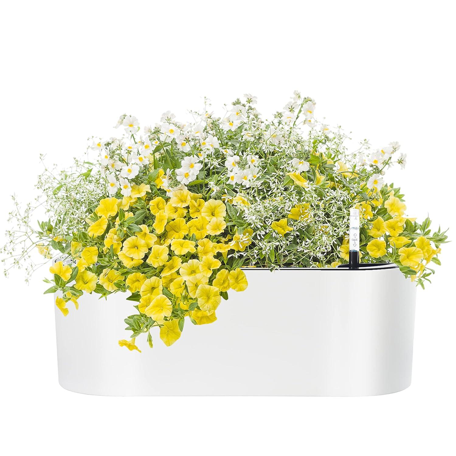 16" White Oval Self-Watering Planter with Water Level Indicator