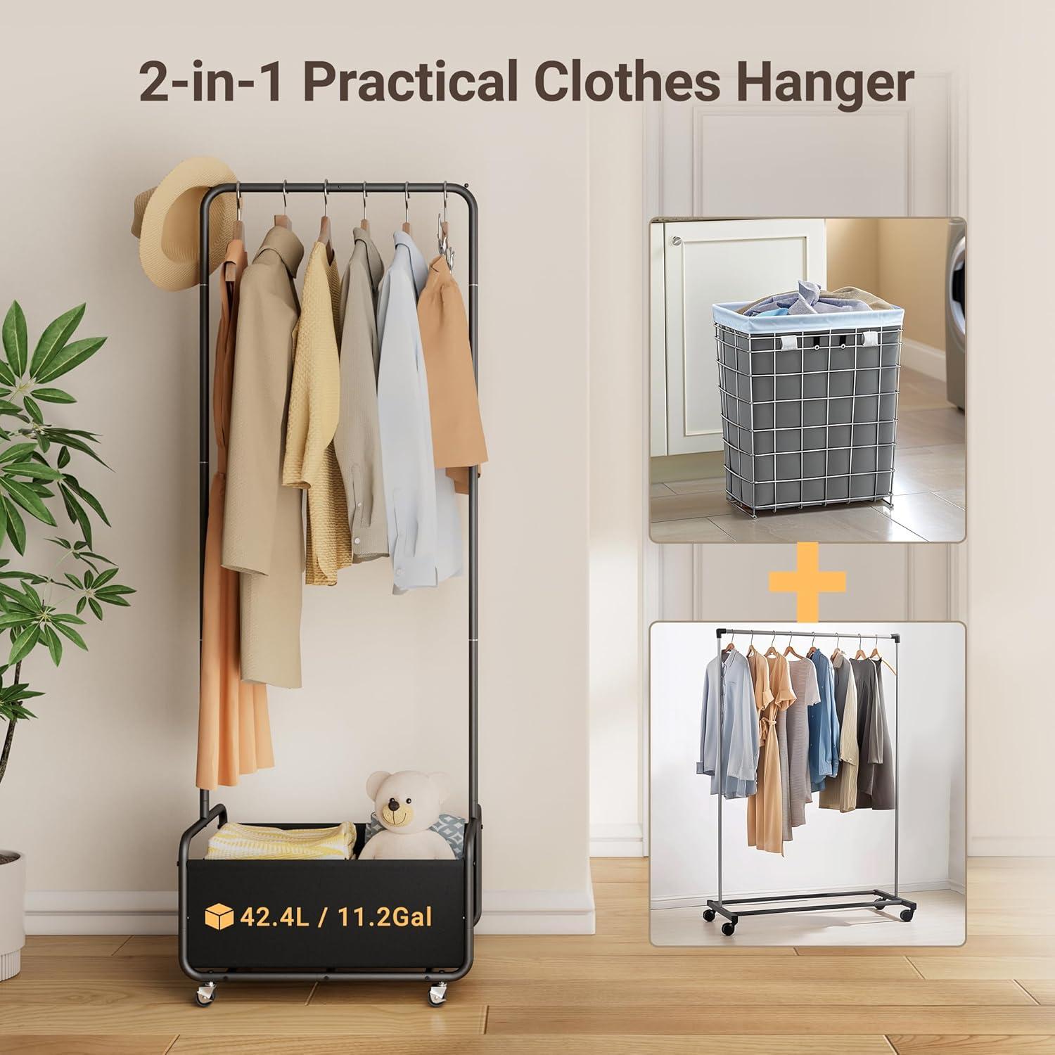 Black Metal Freestanding Portable Clothes Rack with Basket