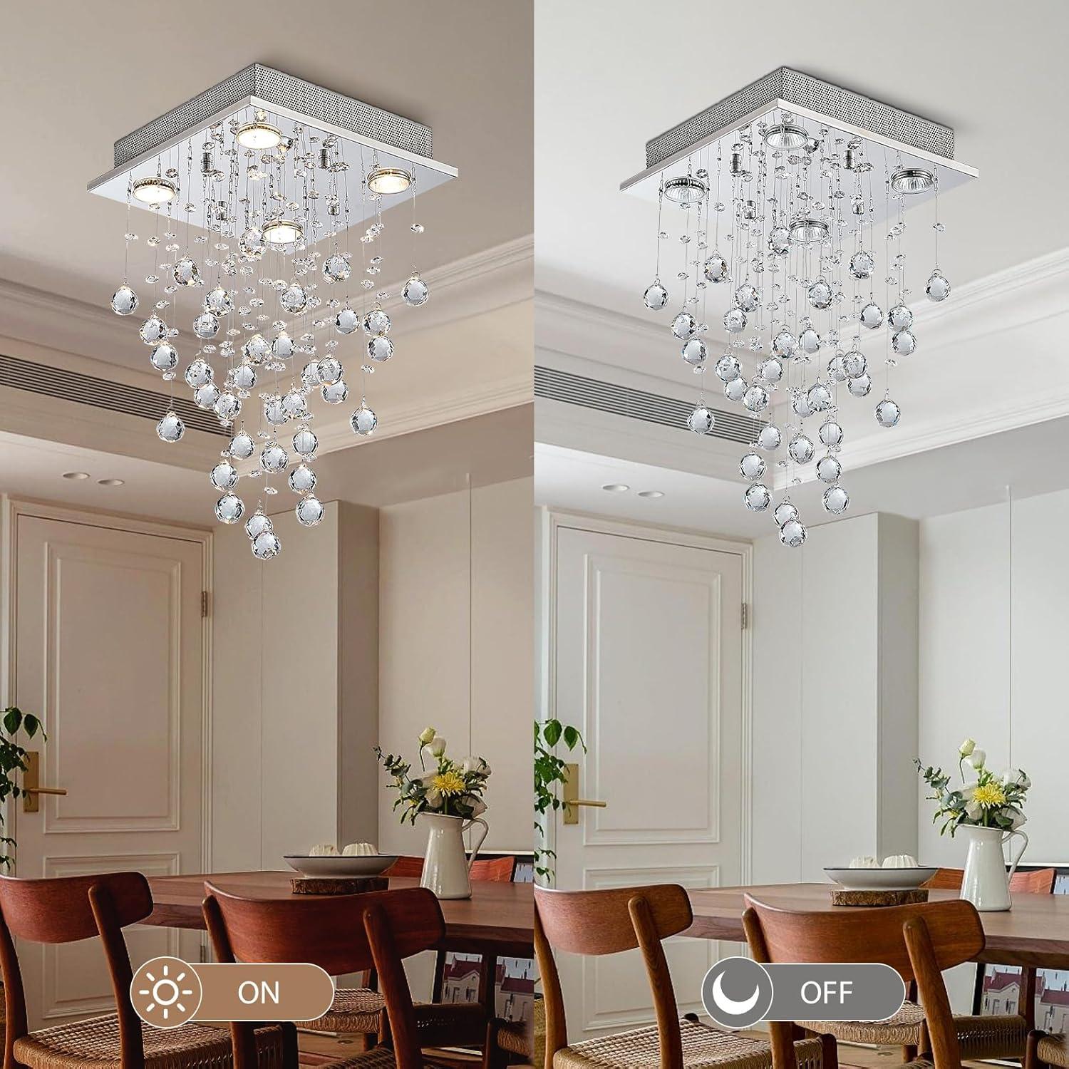 Bestier Chrome Modern Crystal Square Raindrop Chandelier Lighting Flush Mount LED Ceiling Light Fixture Pendant Lamp for Dining Room Bathroom Bedroom Livingroom 4 GU10 Bulbs Required 12" Wide 20" High
