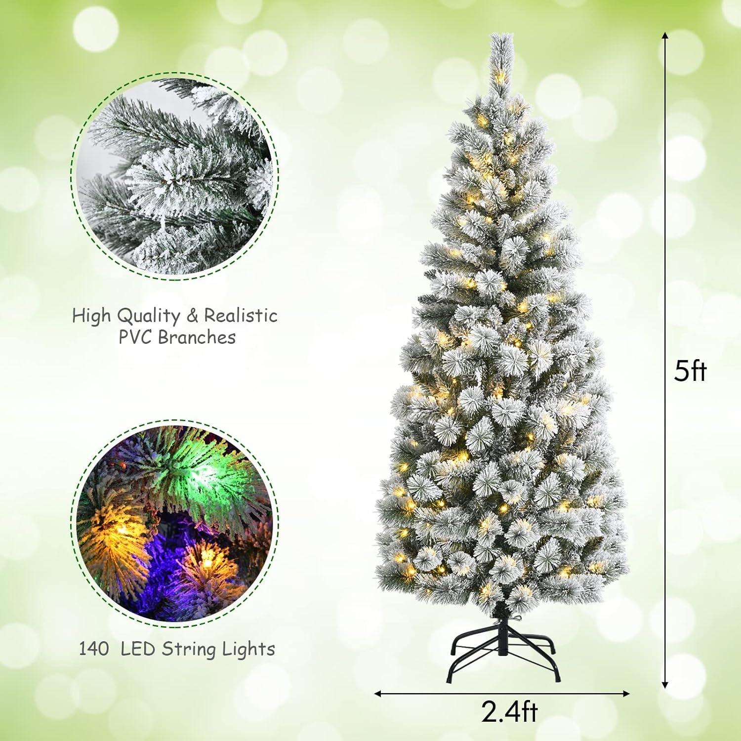 Gymax 5 ft Pre-lit Snow Flocked Artificial Christmas Tree w/ Multi-Color LED Lights