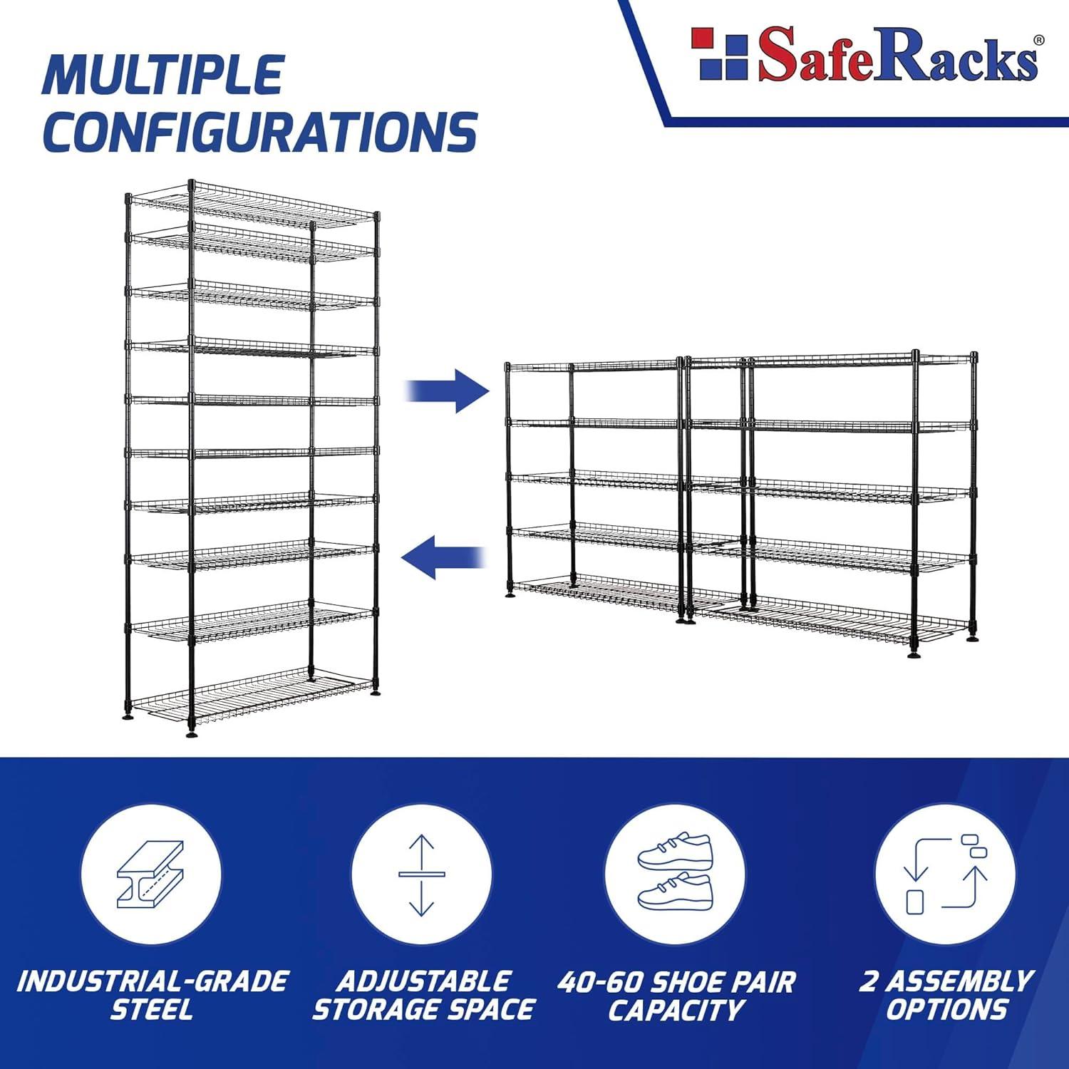 SafeRacks 10 Tier Stackable Steel Shoe Rack, 60 Shoe Pair Capacity, Black