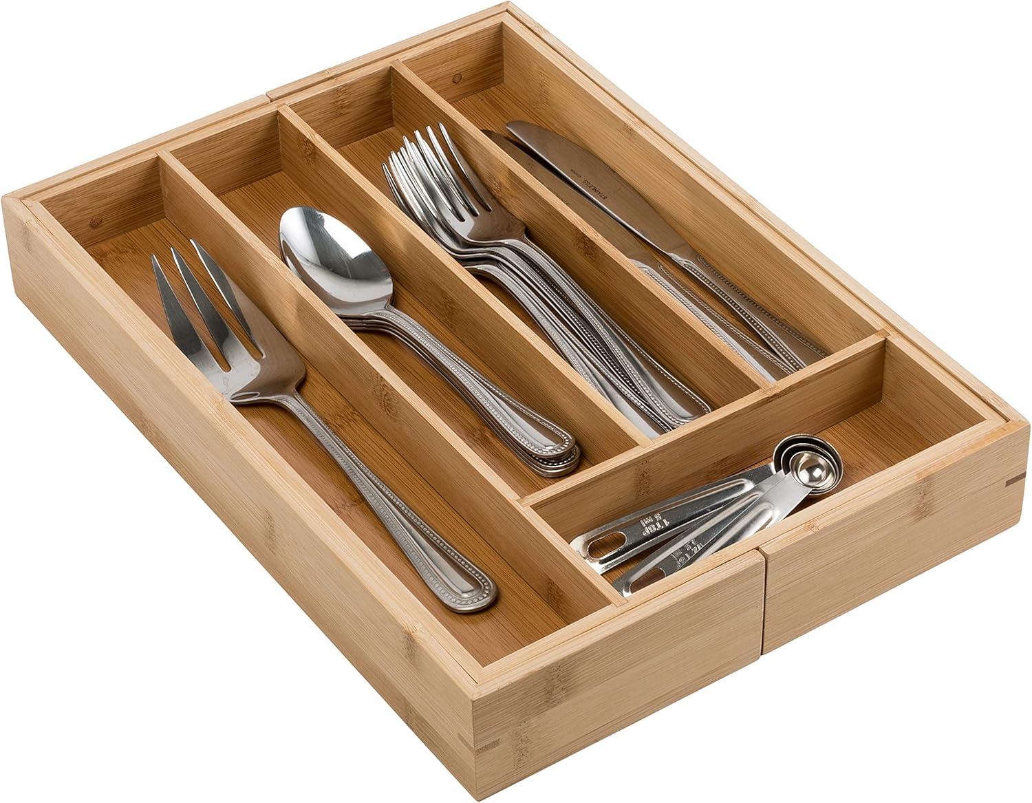 Honey-Can-Do Bamboo 10" x 14" x 2 Expandable 7-Compartment Silverware Drawer Organizer, Natural