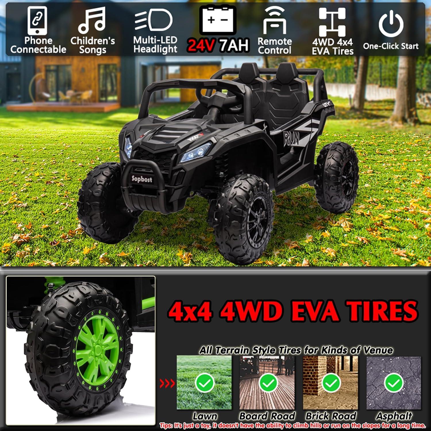 Black 24V 4WD Kids UTV with EVA Tires and Remote Control